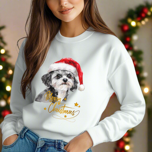 Maltese Santa Hat Long-Sleeve Sweater – Perfect Christmas Gift for Dog Lovers