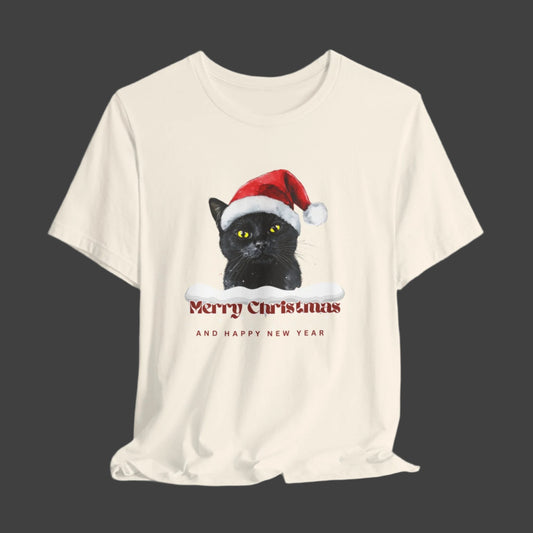 Black Cat in A Christmas Hat Unisex Holiday Jersey T-Shirt