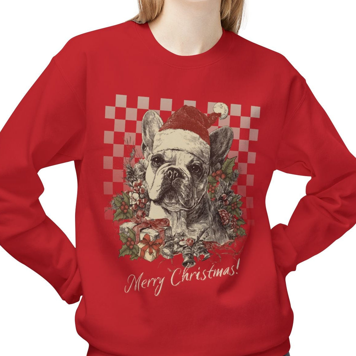 Person wearing a red Christmas-themed sweatshirt with a dog graphic and 'Merry Christmas!' text.