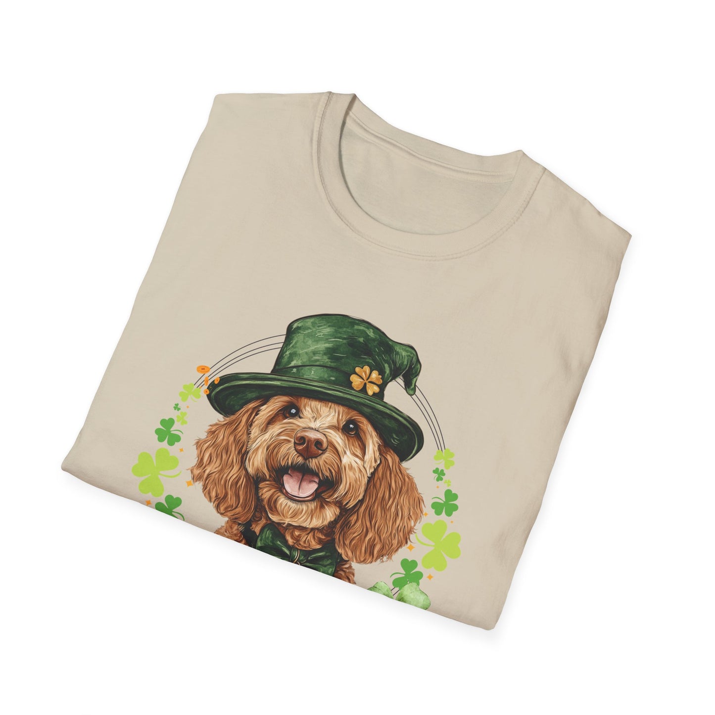 St. Patrick’s Day t-shirt featuring a Cockapoo dog with a shamrock garland and festive Irish design