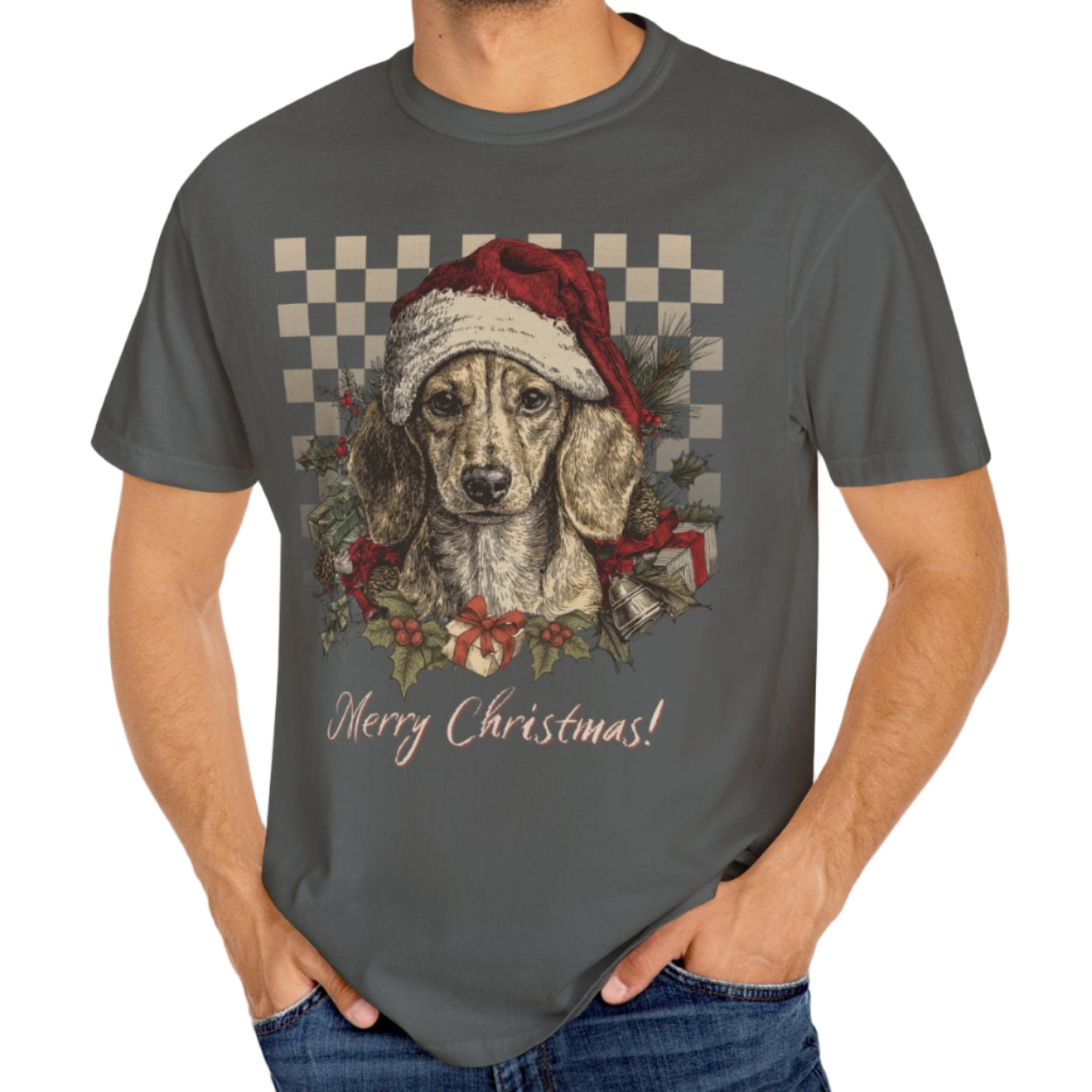 Man wearing a gray t-shirt with a Christmas-themed dog graphic and 'Merry Christmas!' text.