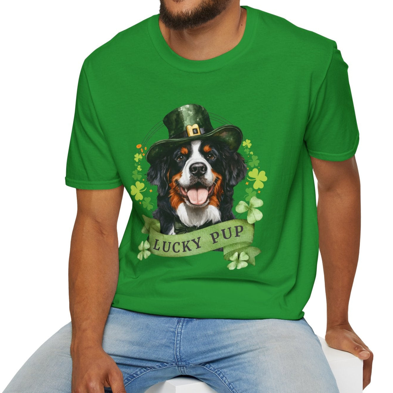 St. Patrick’s Day t-shirt featuring a bernese mountain dog with a shamrock garland and festive Irish design