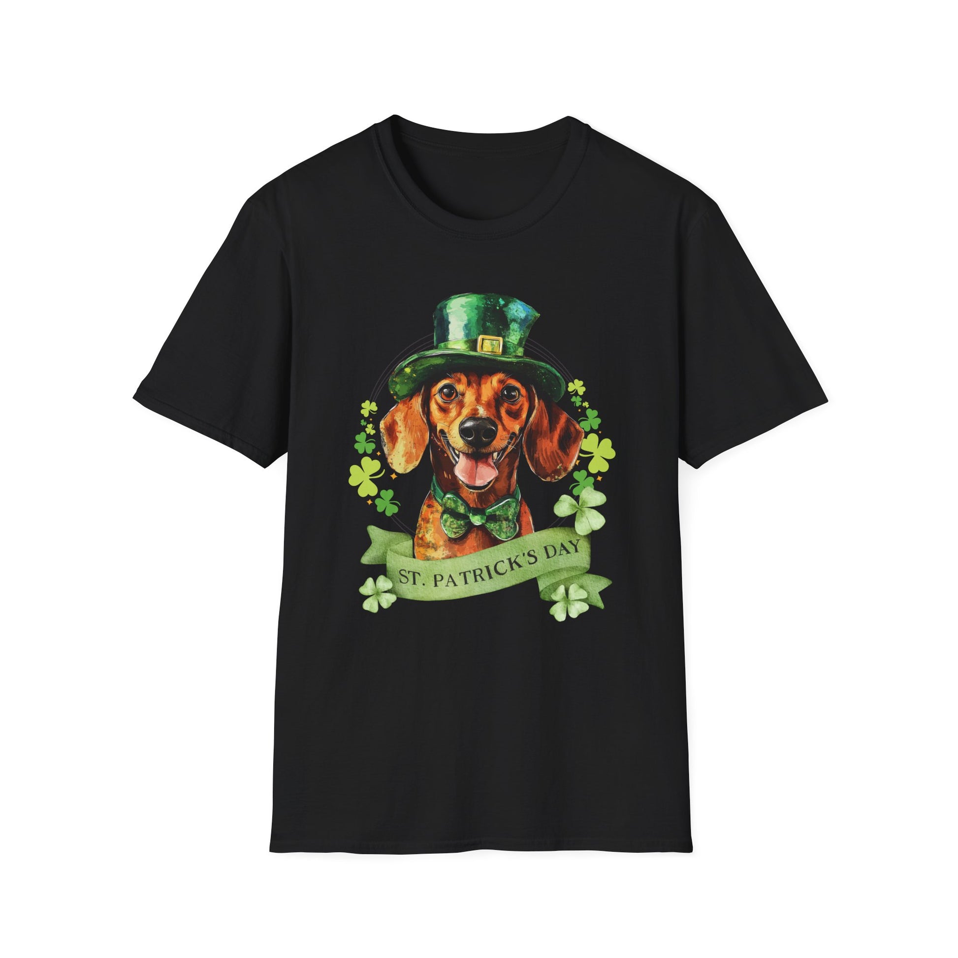 St. Patrick’s Day t-shirt featuring a Dachshund dog with a shamrock garland and festive Irish design