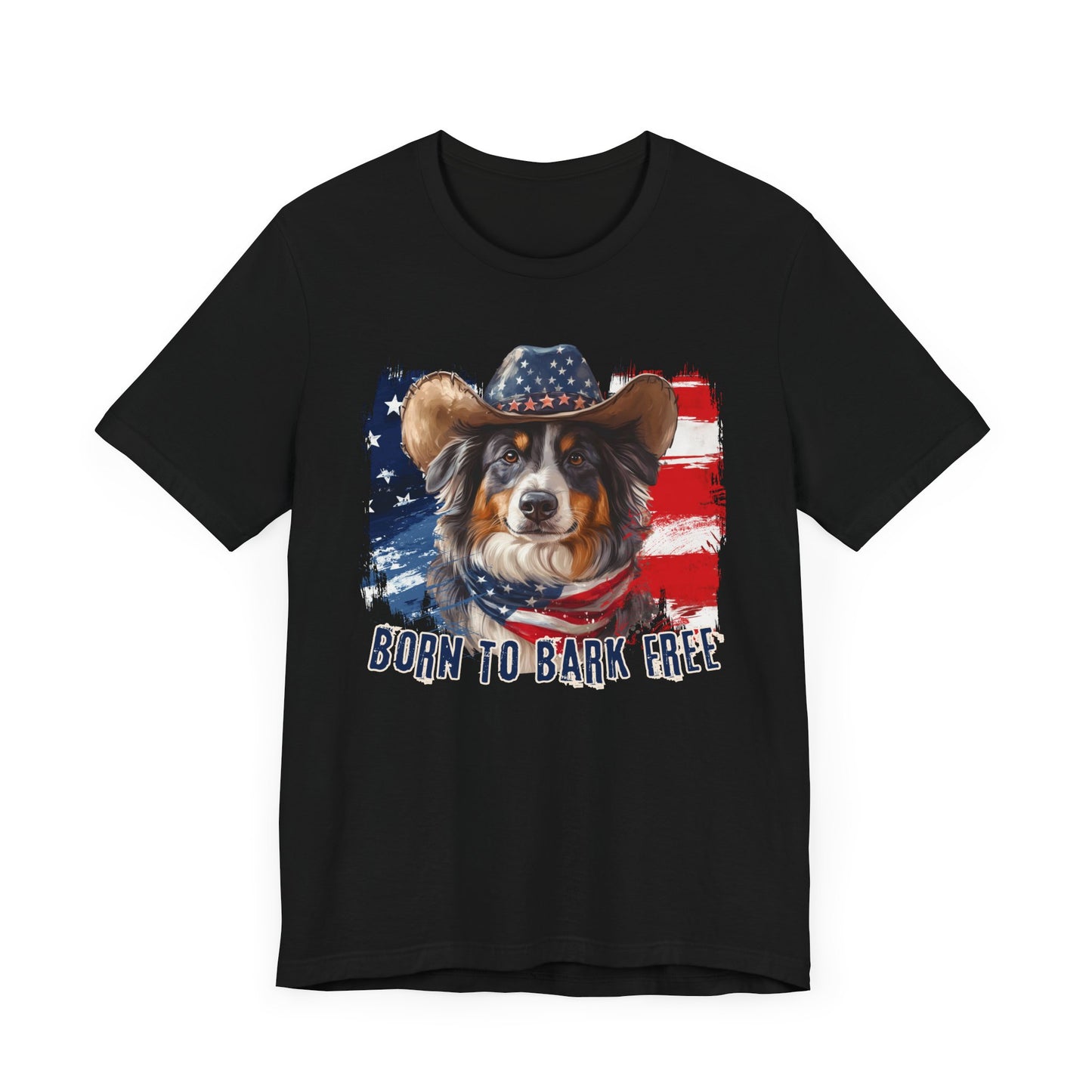Australian Shepherd Patriotic T-Shirt "Born to Bark Free" - Dog-Themed Patriotic Design
