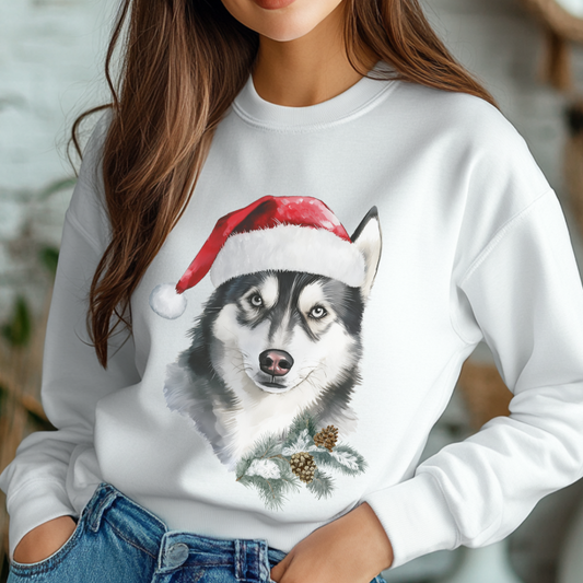 Festive Husky Santa Long-Sleeve Sweater