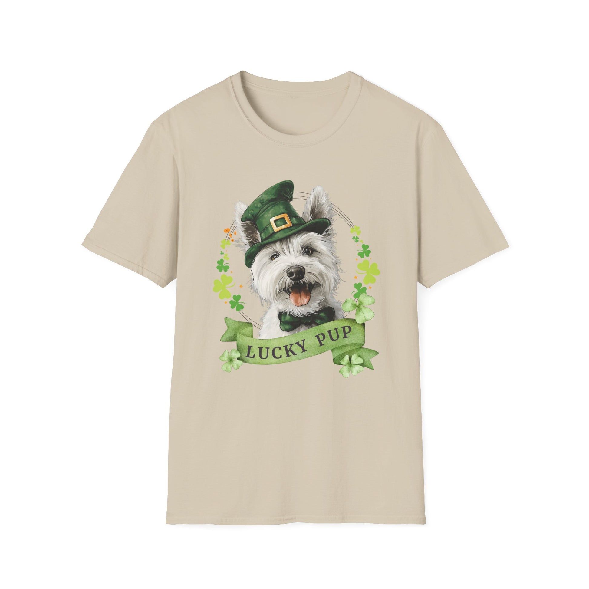 St. Patrick’s Day t-shirt featuring  west highland white terrier dog with a shamrock garland and festive Irish design, sand