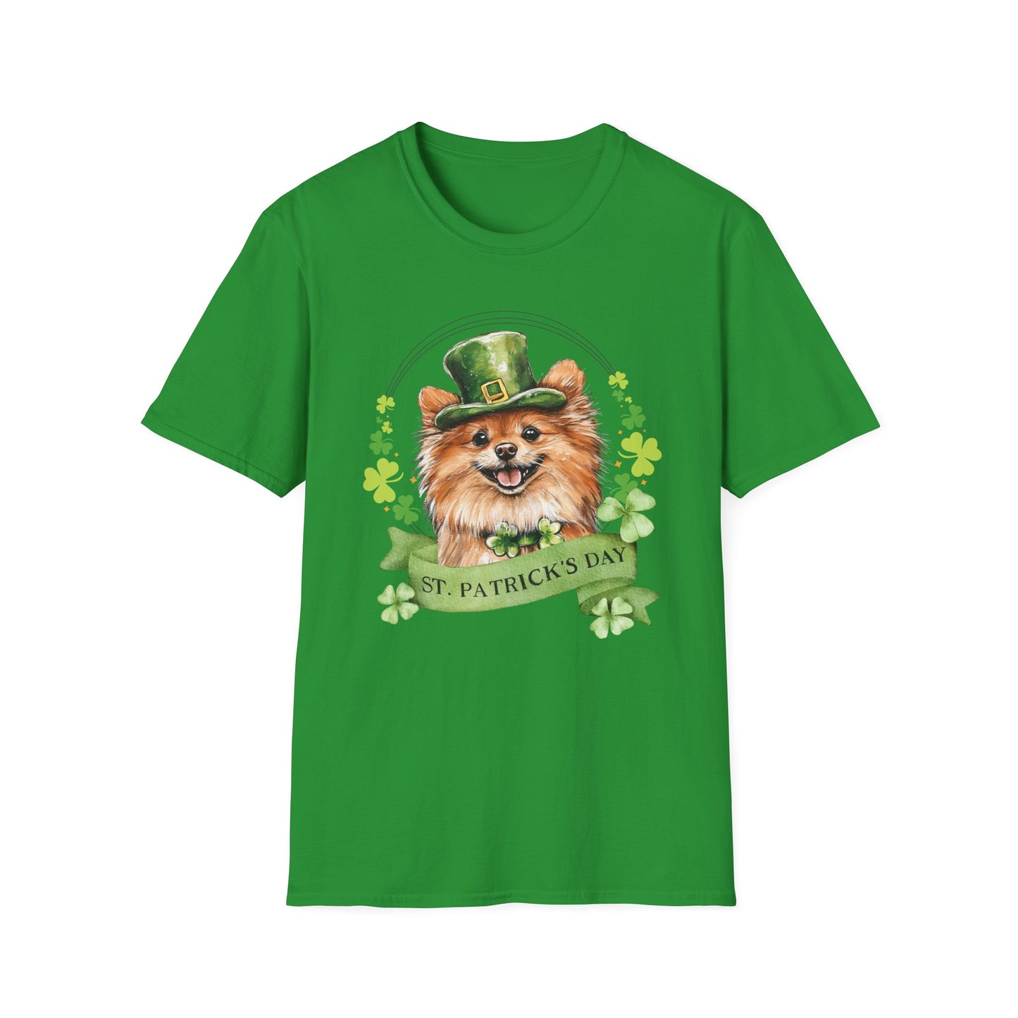 St. Patrick’s Day irish green t-shirt featuring a Pomeranian dog with a shamrock garland and festive Irish design