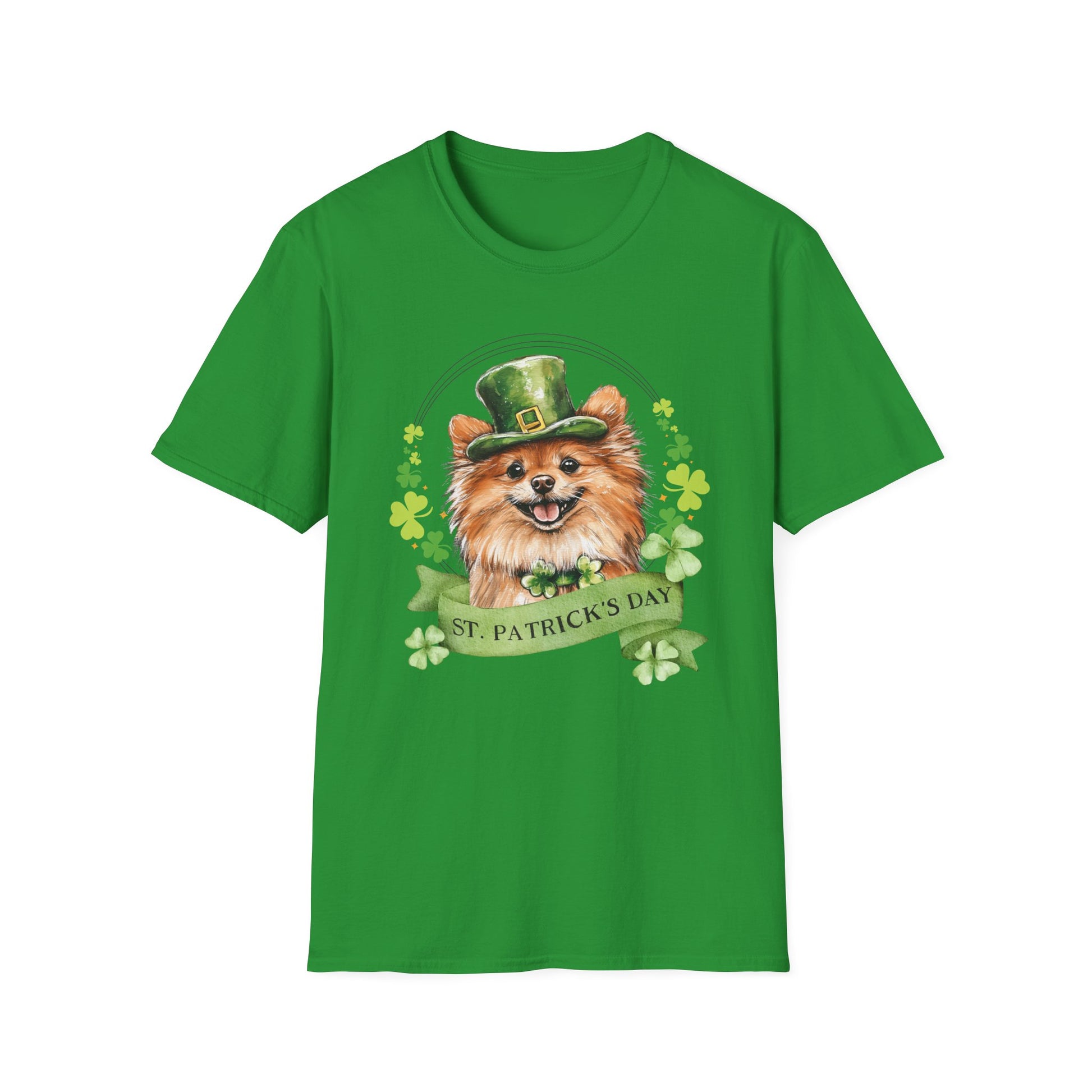 St. Patrick’s Day irish green t-shirt featuring a Pomeranian dog with a shamrock garland and festive Irish design