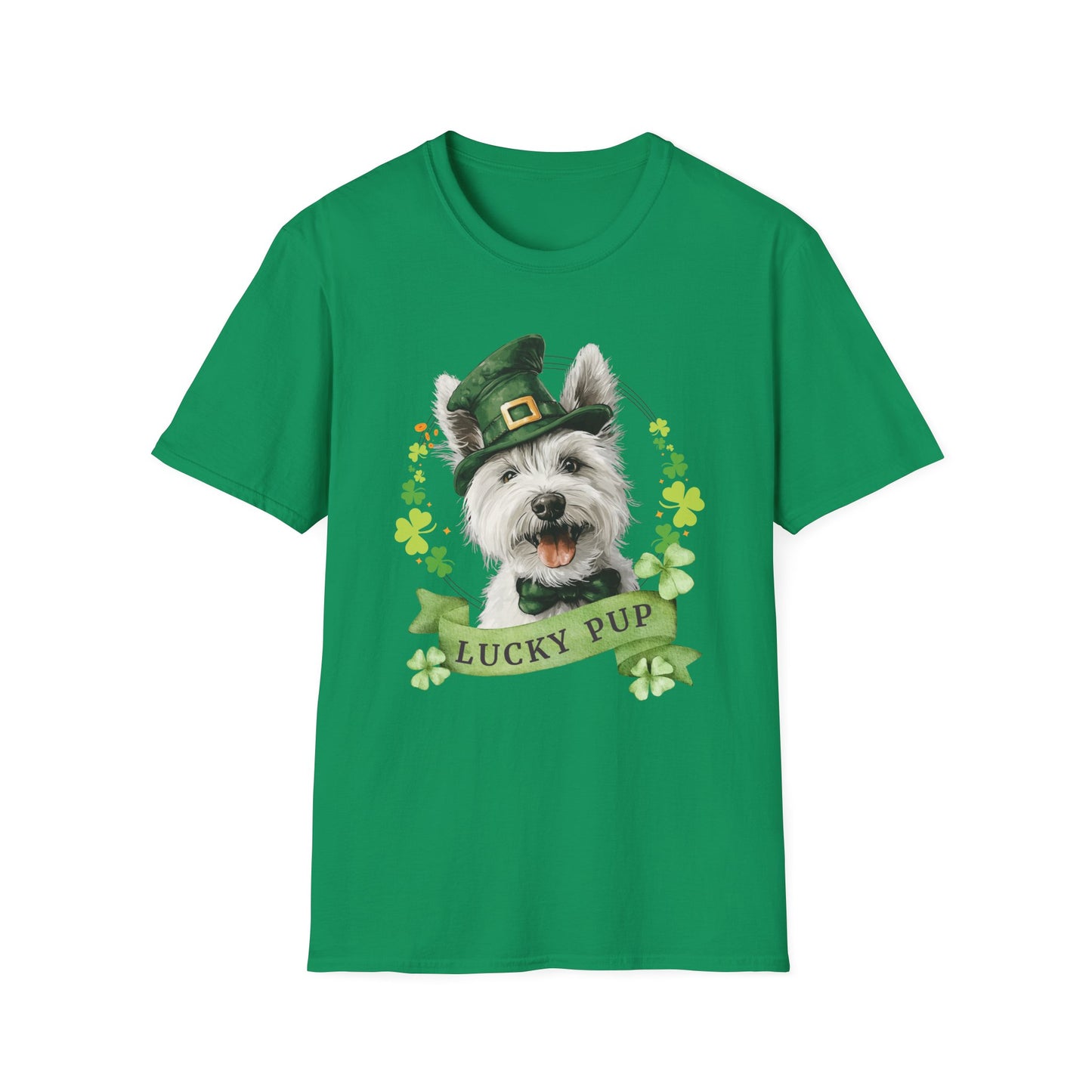 St. Patrick’s Day t-shirt featuring  west highland white terrier dog with a shamrock garland and festive Irish design