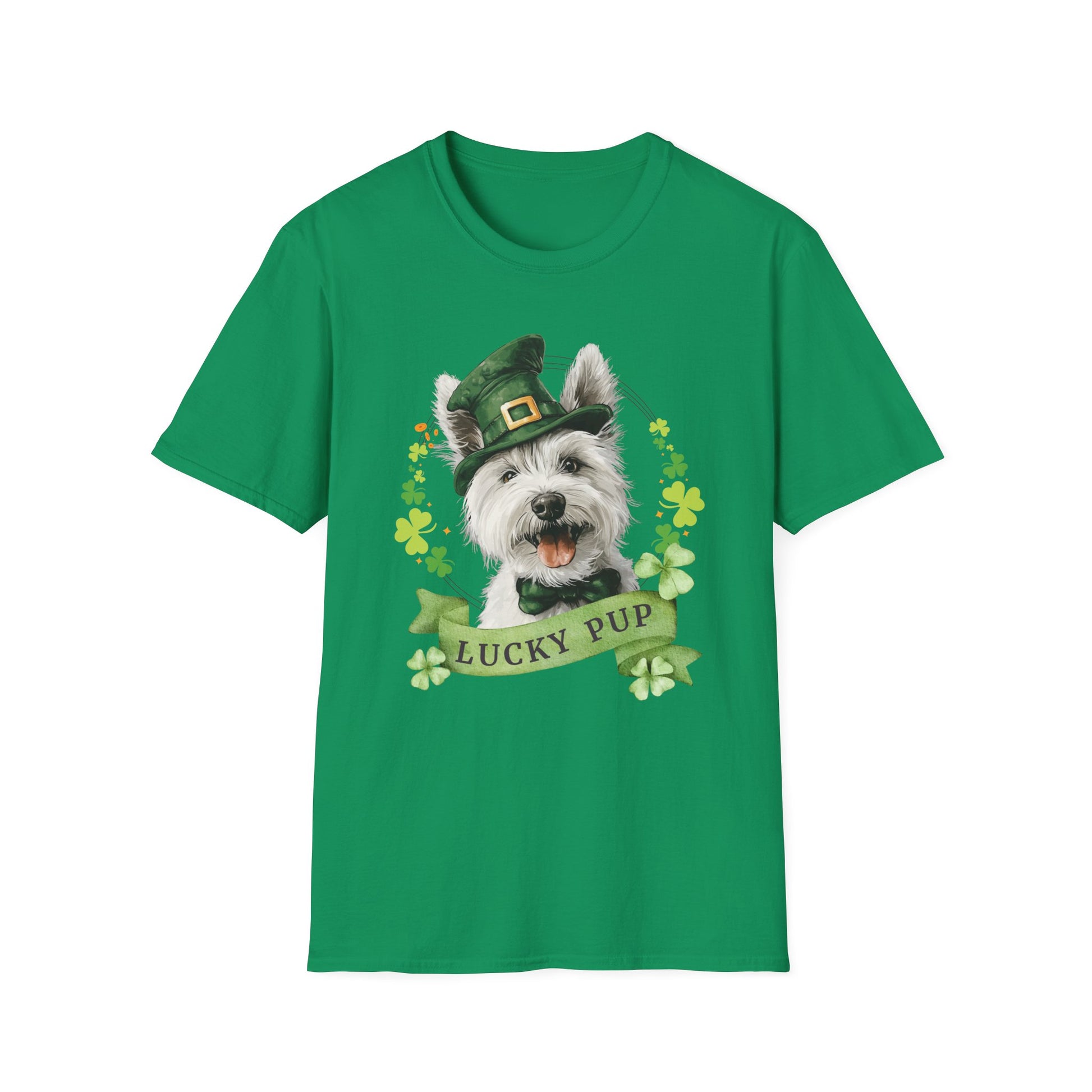 St. Patrick’s Day t-shirt featuring  west highland white terrier dog with a shamrock garland and festive Irish design