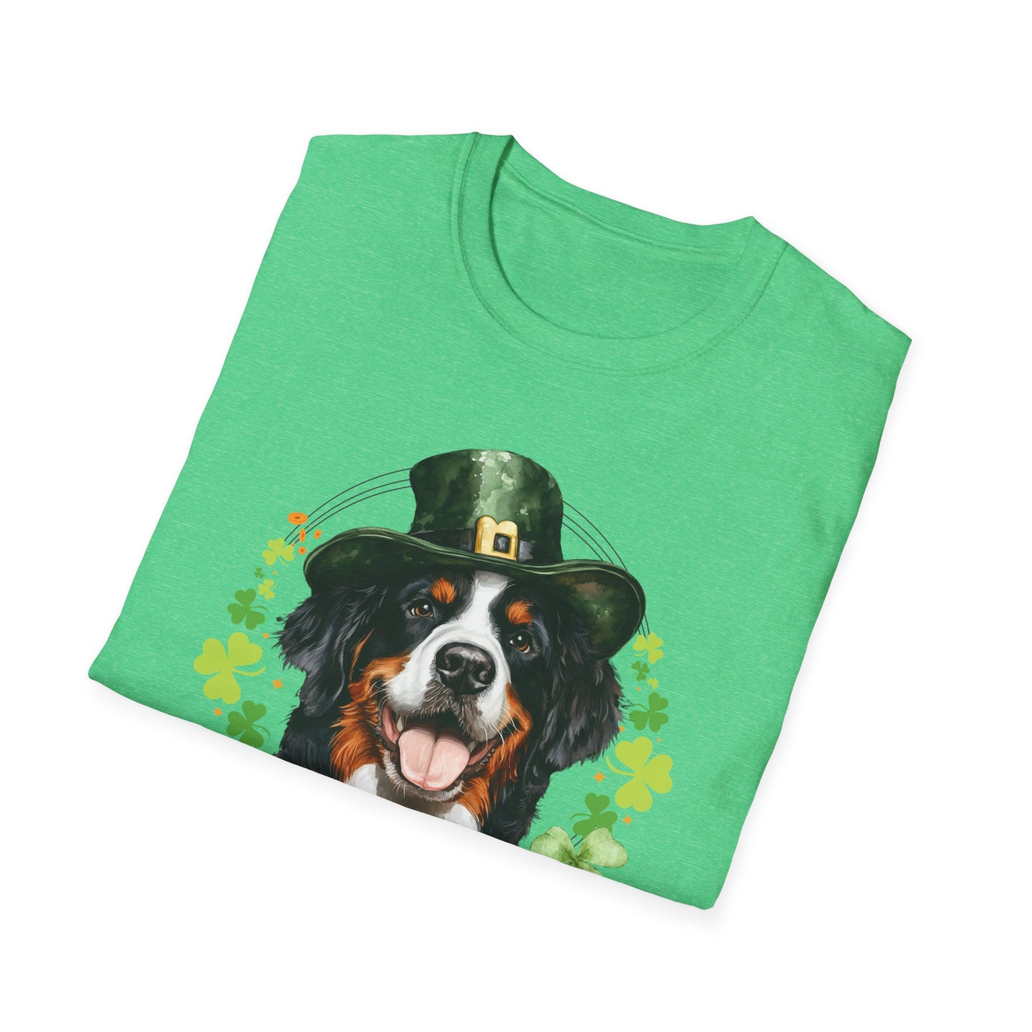 St. Patrick’s Day t-shirt featuring a bernese mountain dog with a shamrock garland and festive Irish design