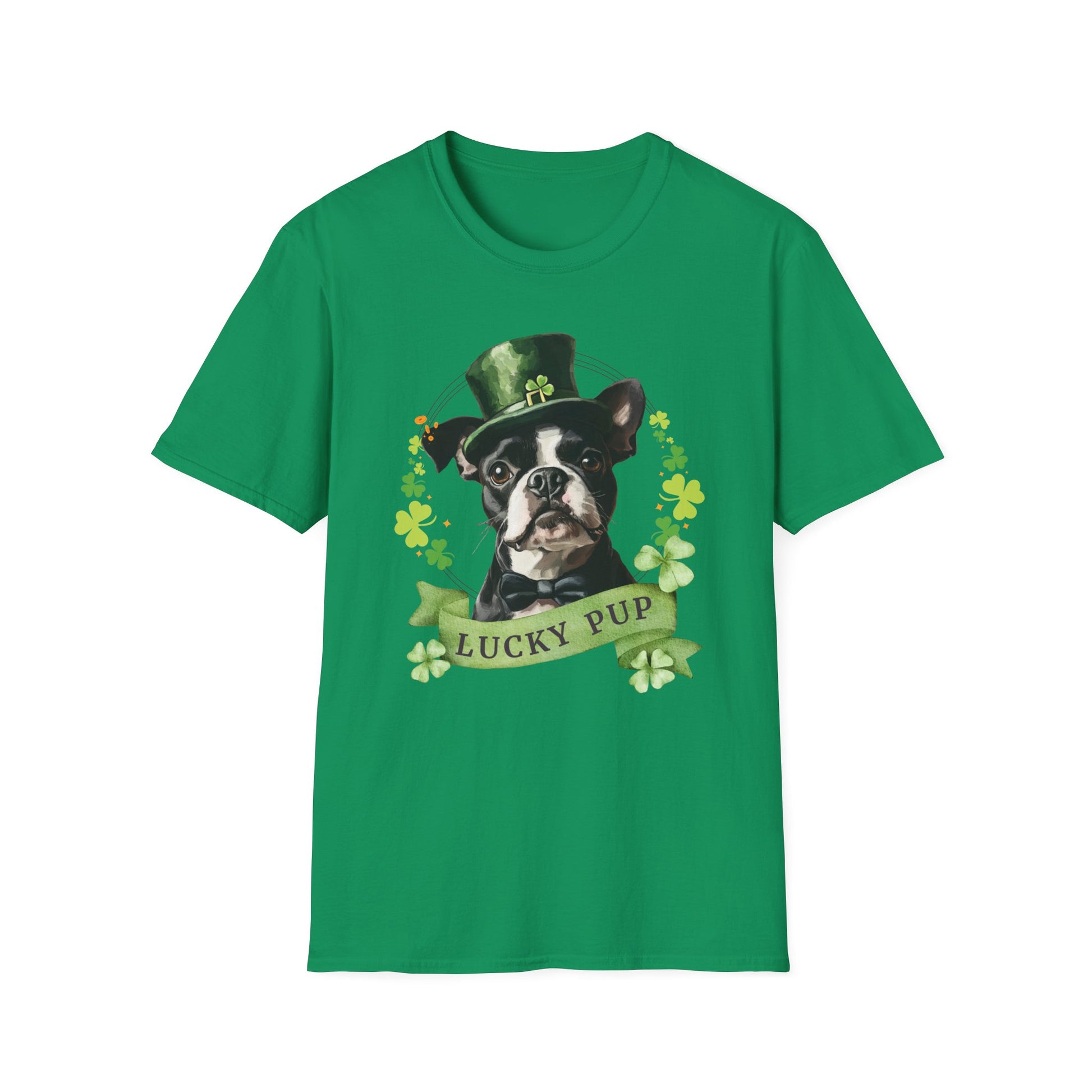 kelly green St. Patrick’s Day t-shirt featuring a Boston Terrier with a shamrock garland and festive Irish design