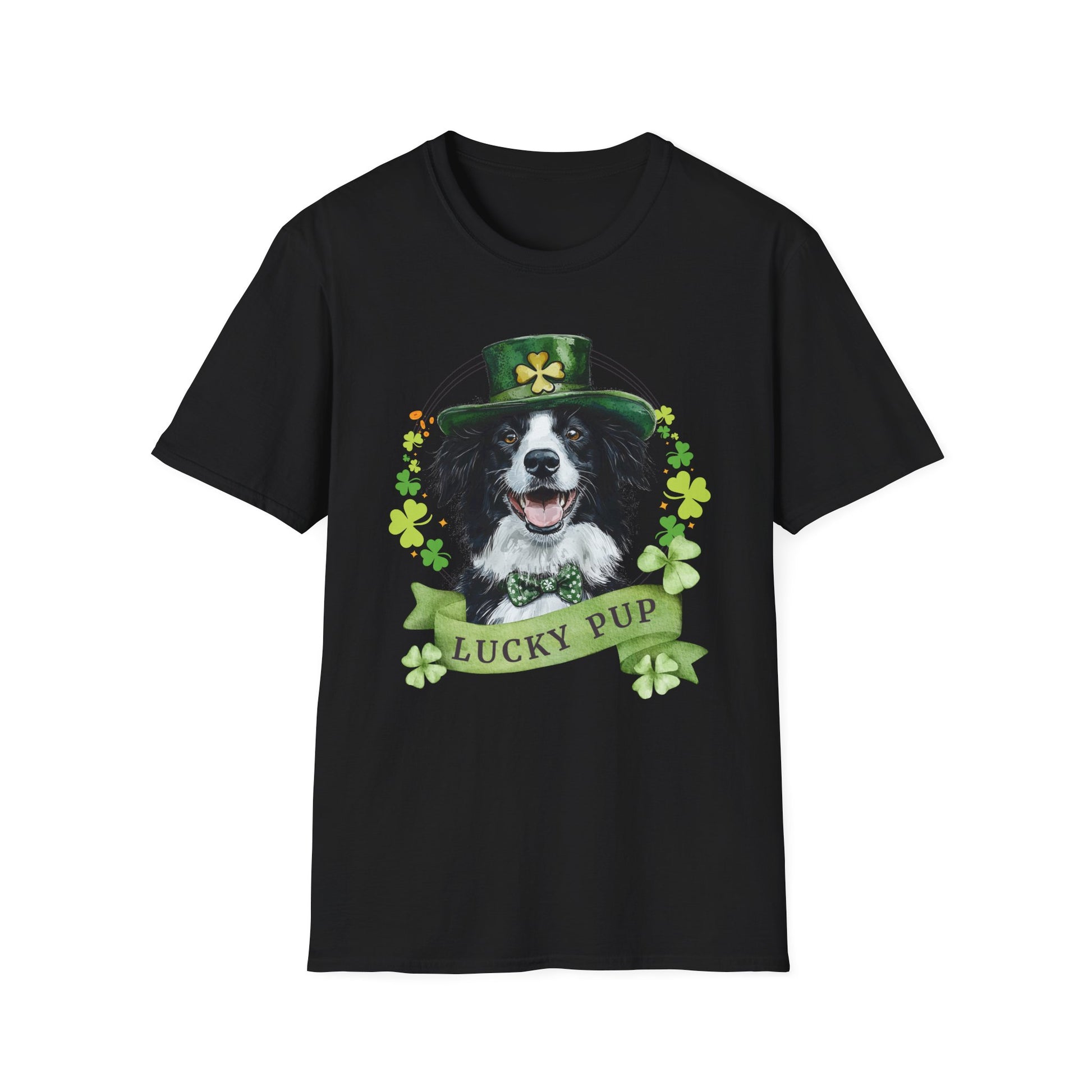 St. Patrick’s Day t-shirt featuring a Border Collie dog with a shamrock garland and festive Irish design