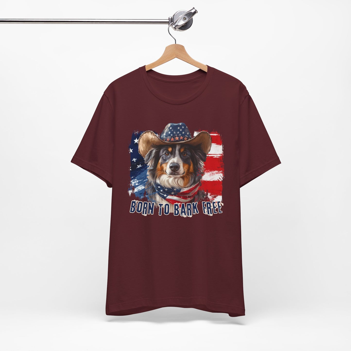 Australian Shepherd Patriotic T-Shirt "Born to Bark Free" - Dog-Themed Patriotic Design