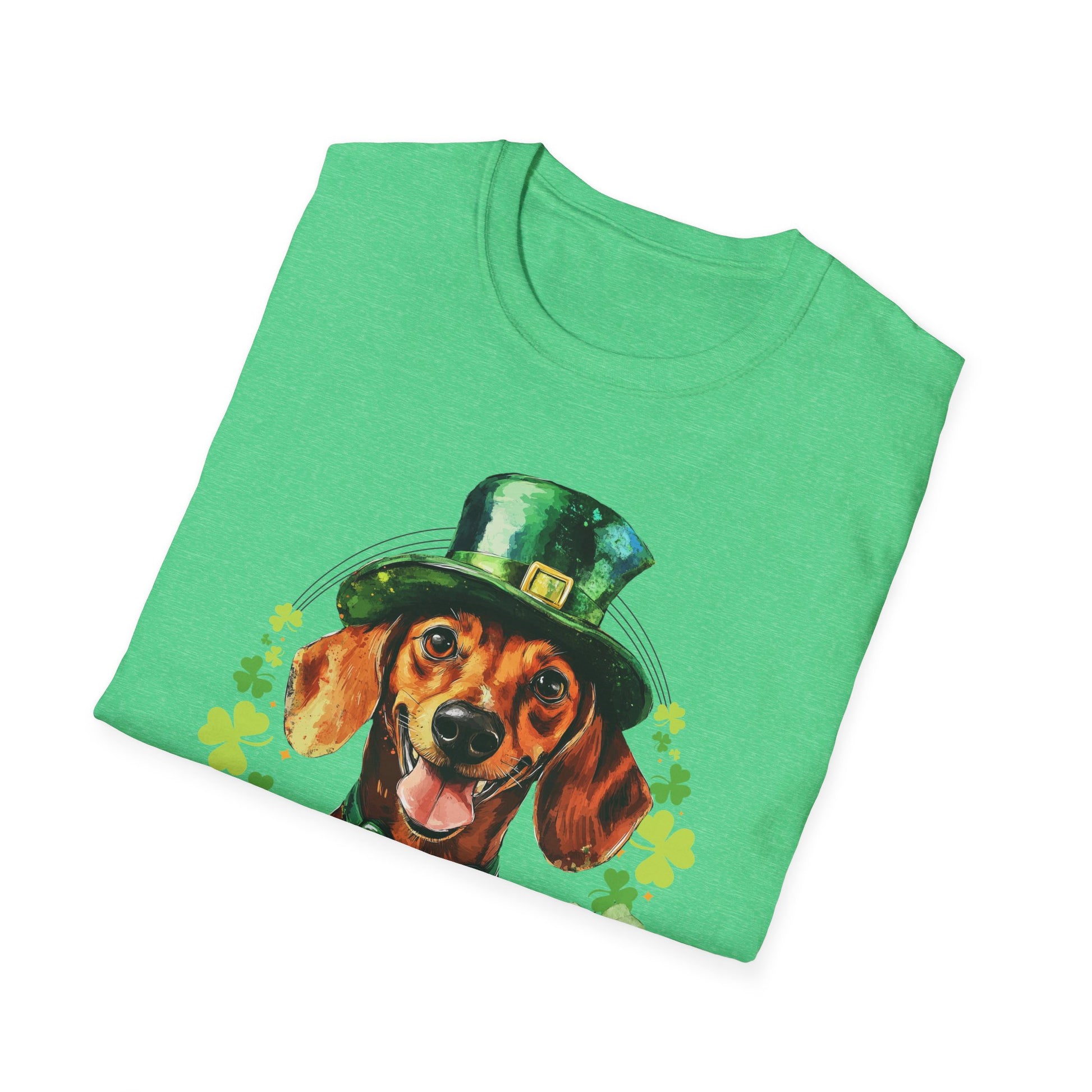 St. Patrick’s Day t-shirt featuring a Dachshund dog with a shamrock garland and festive Irish design
