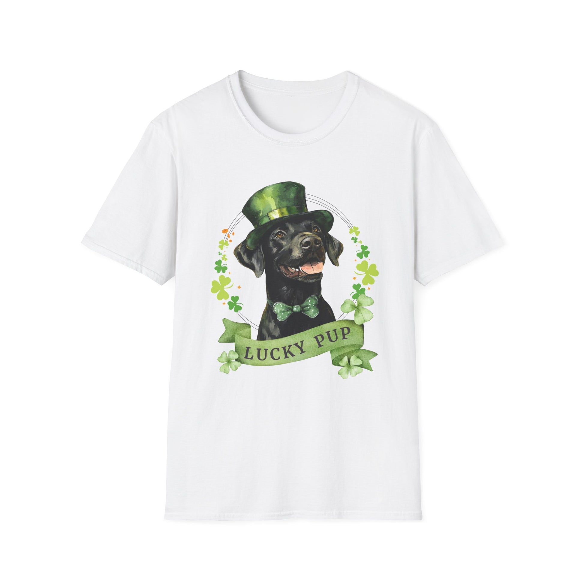 St. Patrick’s Day t-shirt featuring a Black Labrador Retriever dog with a shamrock garland and festive Irish design