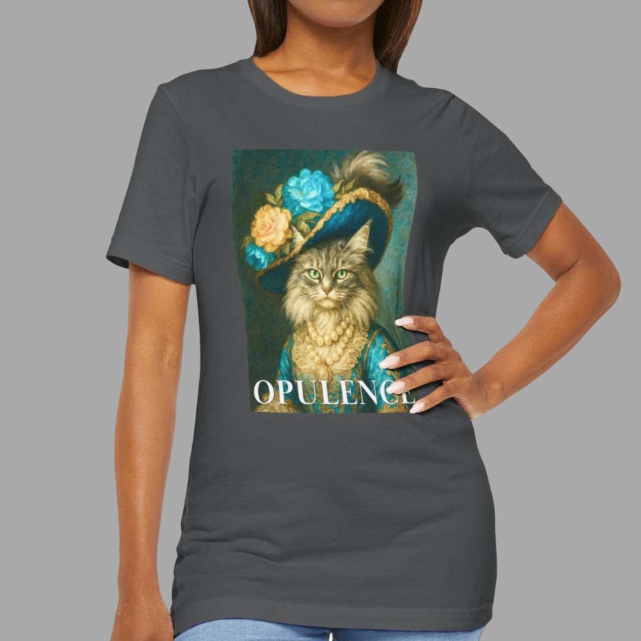 Woman wearing a gray t-shirt with a cat graphic and 'Opuleng' text on a white background