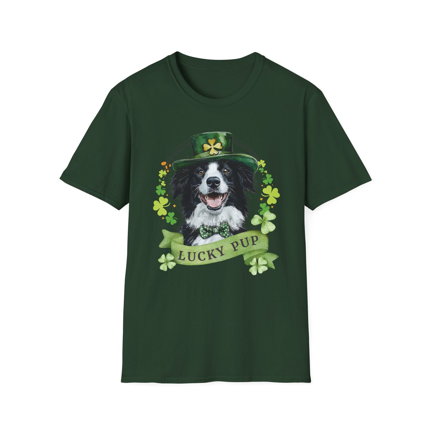 St. Patrick’s Day t-shirt featuring a Border Collie dog with a shamrock garland and festive Irish design