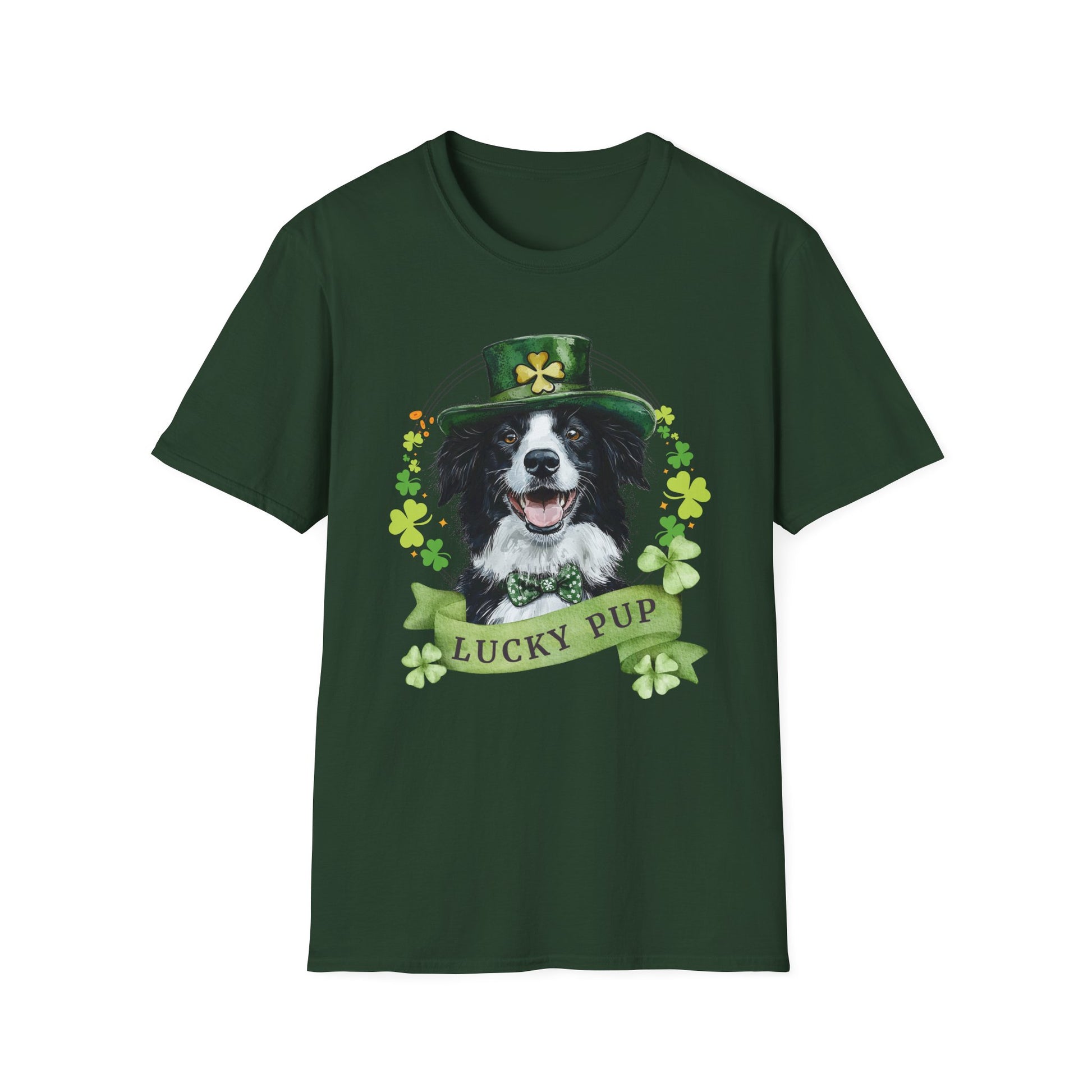 St. Patrick’s Day t-shirt featuring a Border Collie dog with a shamrock garland and festive Irish design