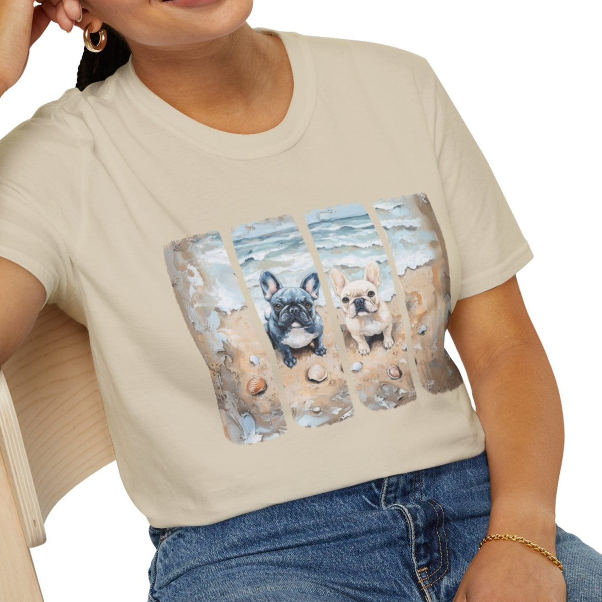 two french bulldogs on the beach art painting t-shirt