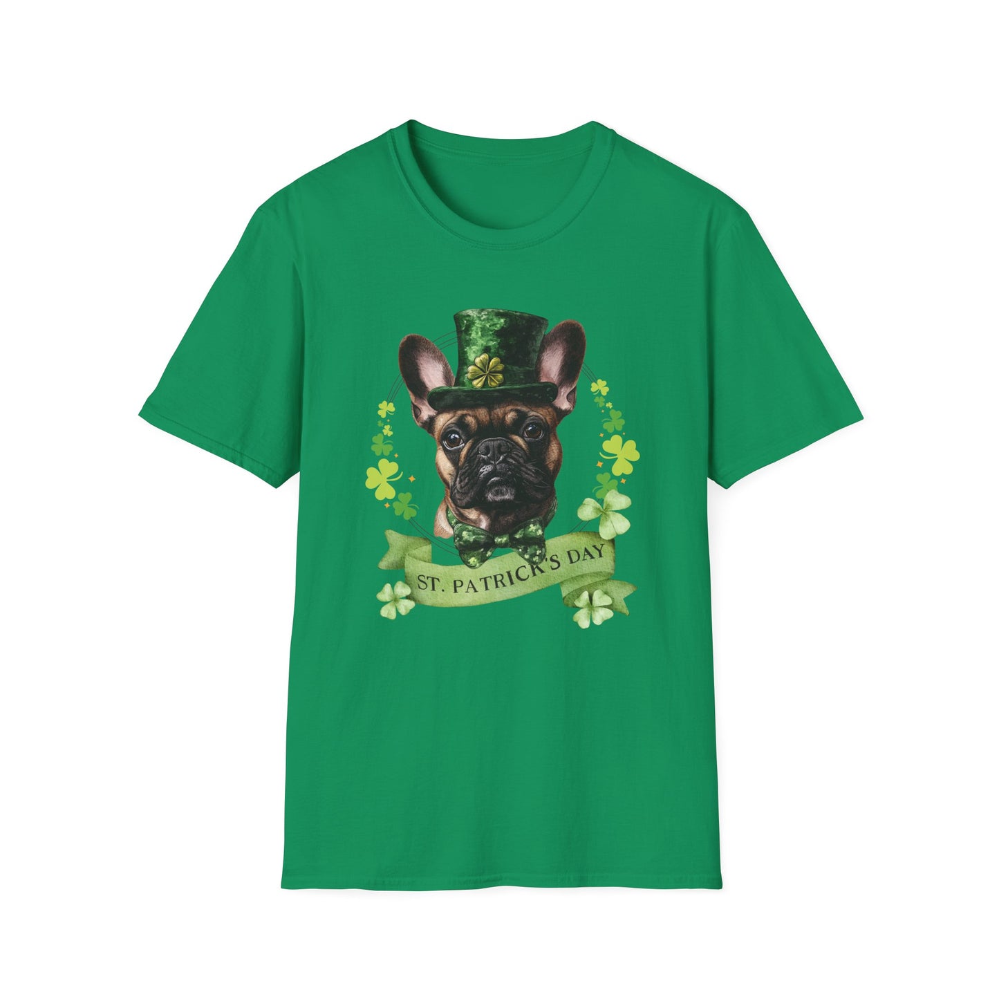 St. Patrick’s Day kelly green t-shirt featuring a fawn french bulldog with a shamrock garland and festive Irish design