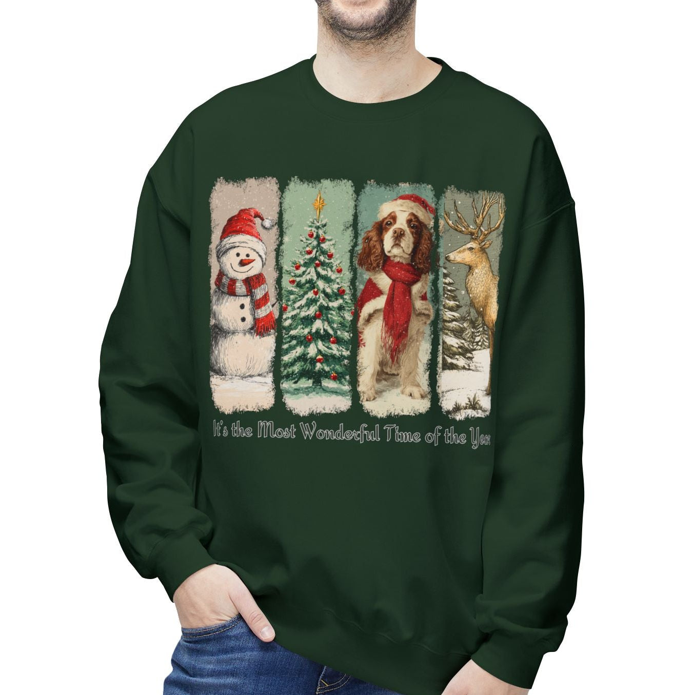 Man wearing a green Christmas-themed sweatshirt with festive designs on a white background