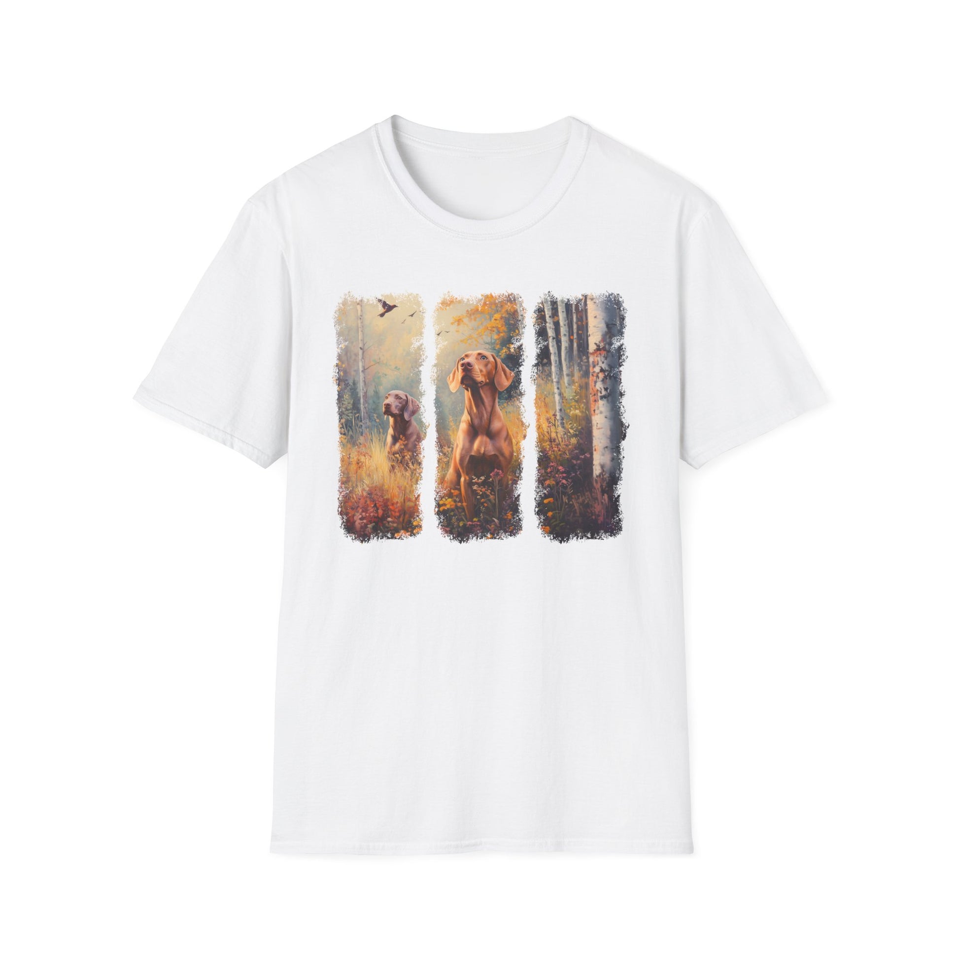 Vizsla hunting t-shirt featuring  sporting dogs in an autumn field, white