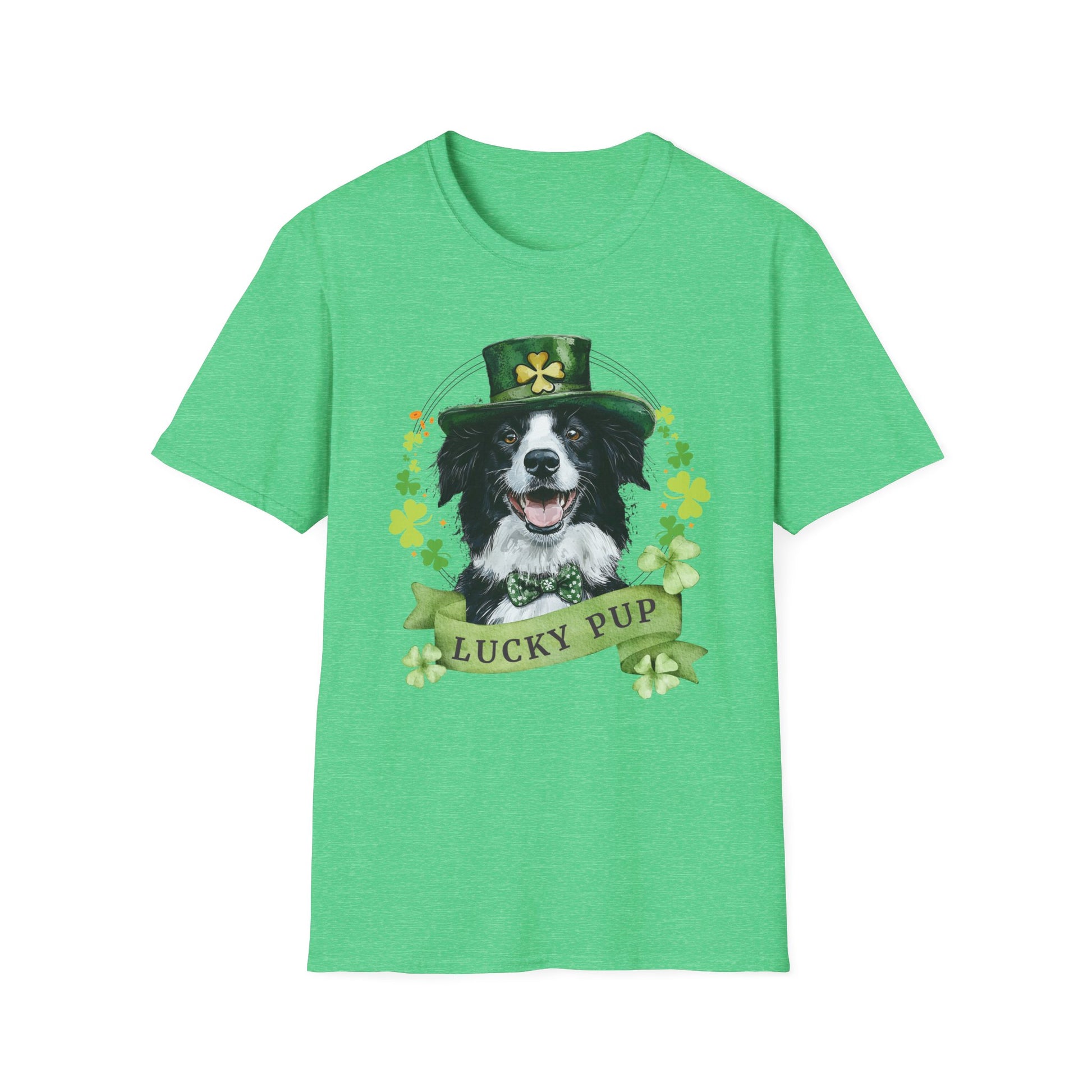 St. Patrick’s Day t-shirt featuring a Border Collie dog with a shamrock garland and festive Irish design