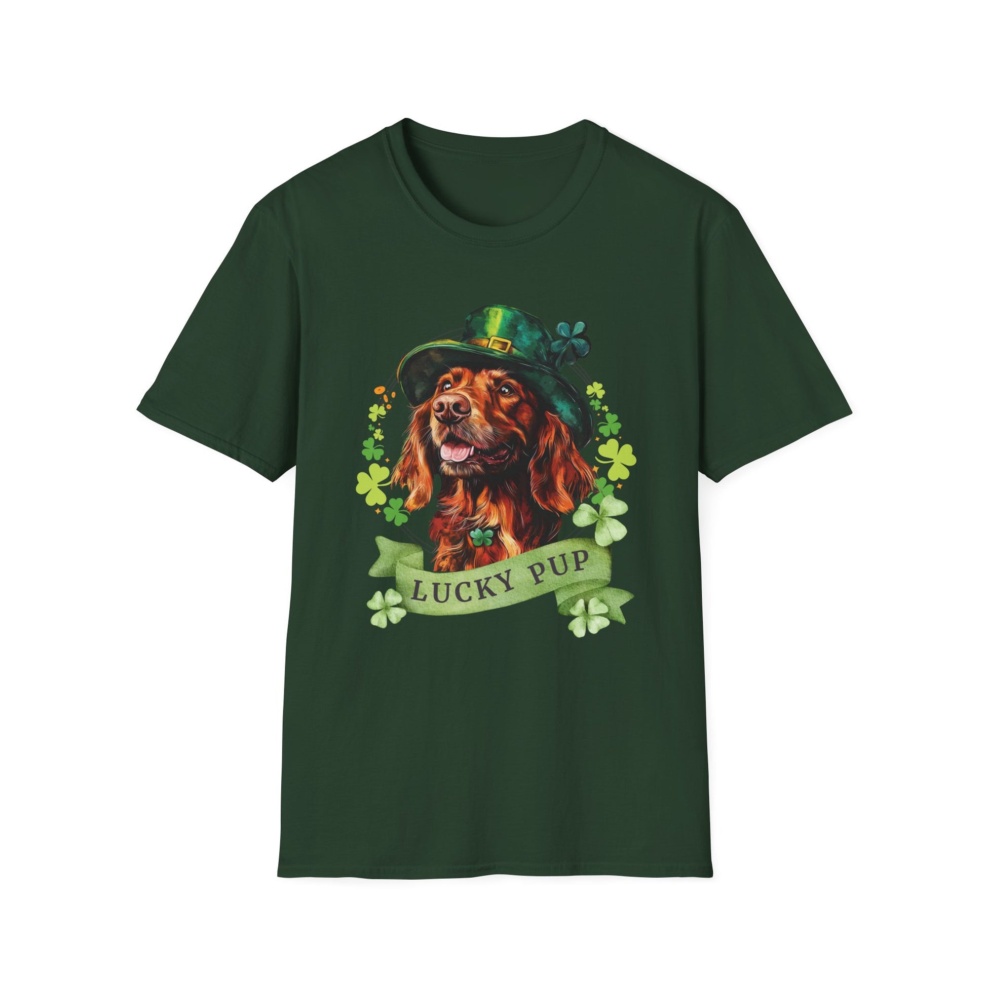 St. Patrick’s Day t-shirt featuring an Irish Setter dog with a shamrock garland and festive Irish design