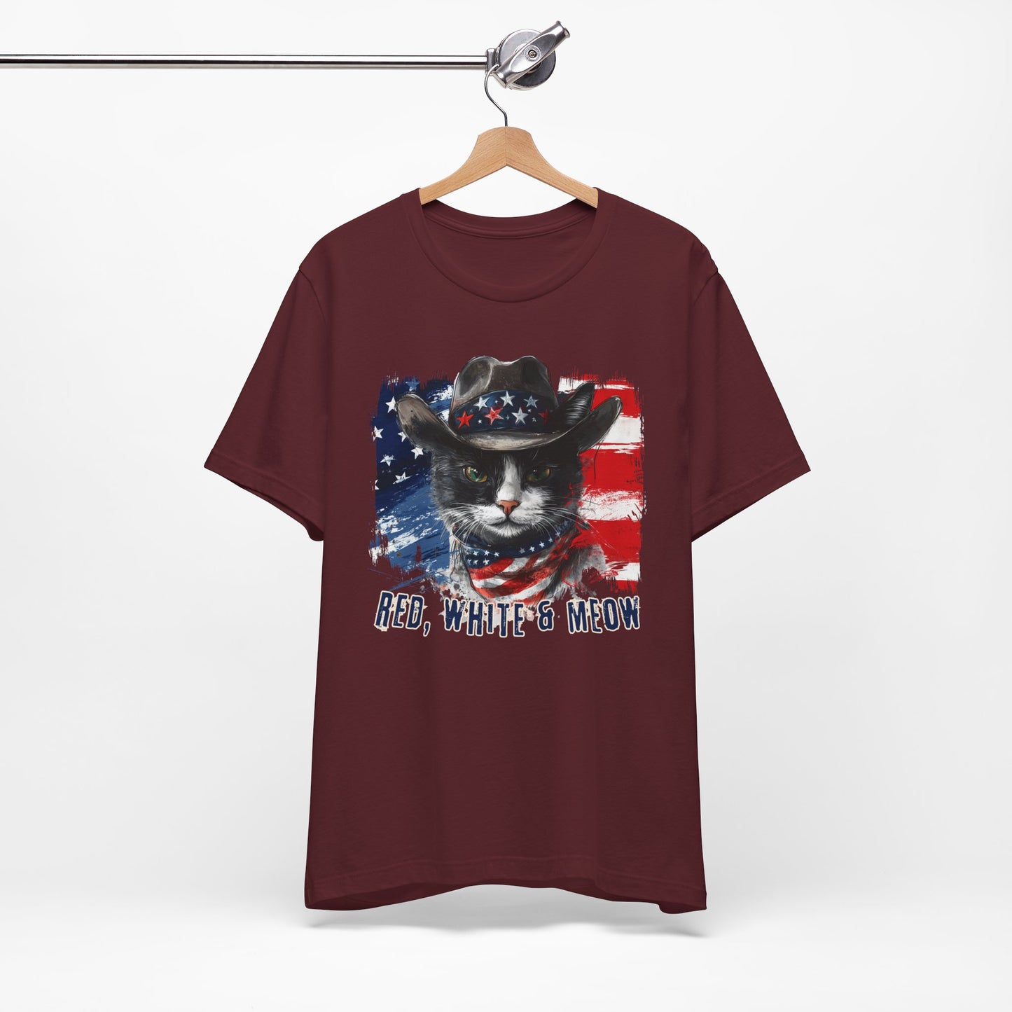 Black and White Cat  Patriotic T-Shirt "Red, White & Meow" - Cat-Themed Patriotic Design