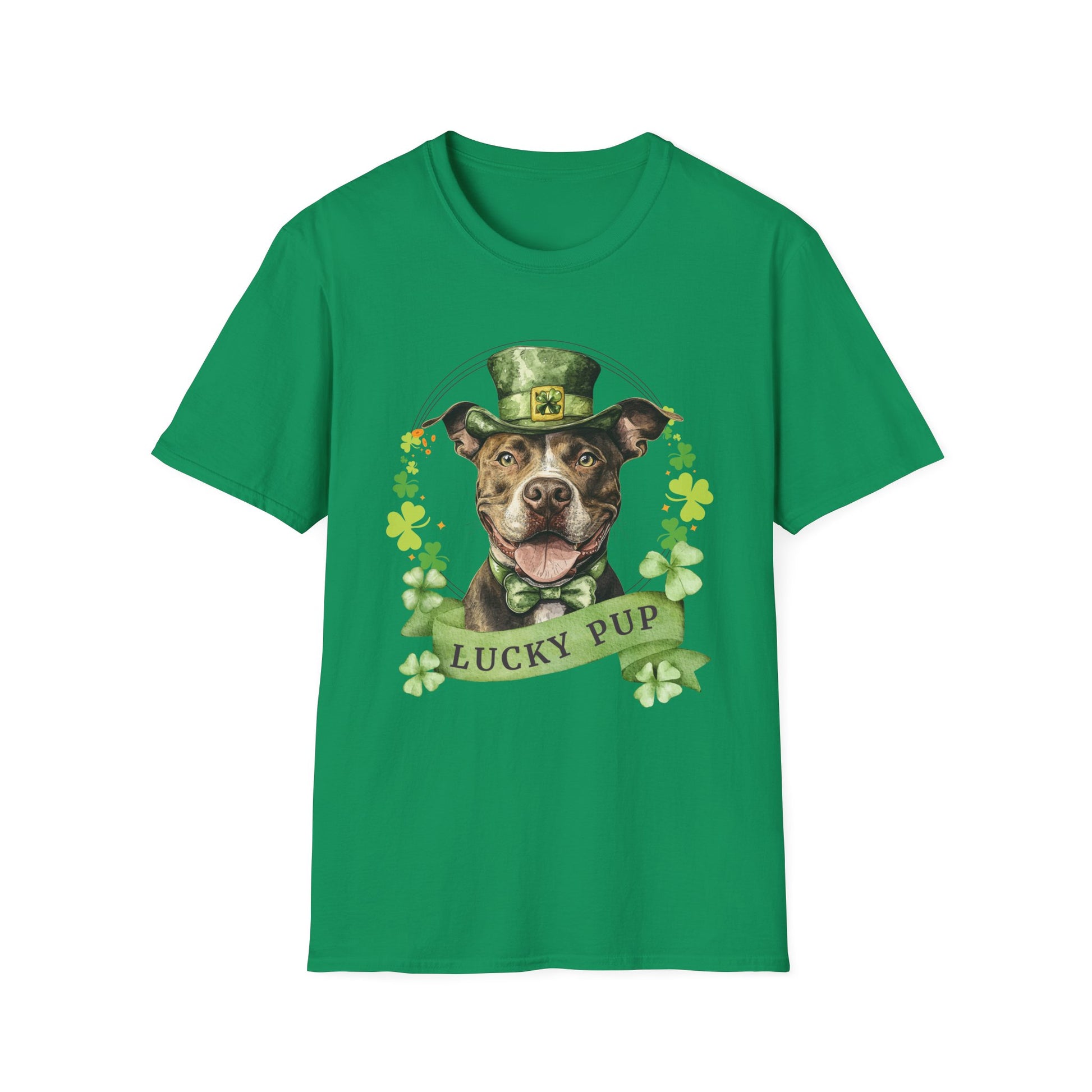 Kelly Green cotton St. Patrick’s Day tee for dog moms and dads, featuring a Pit Bull dog design