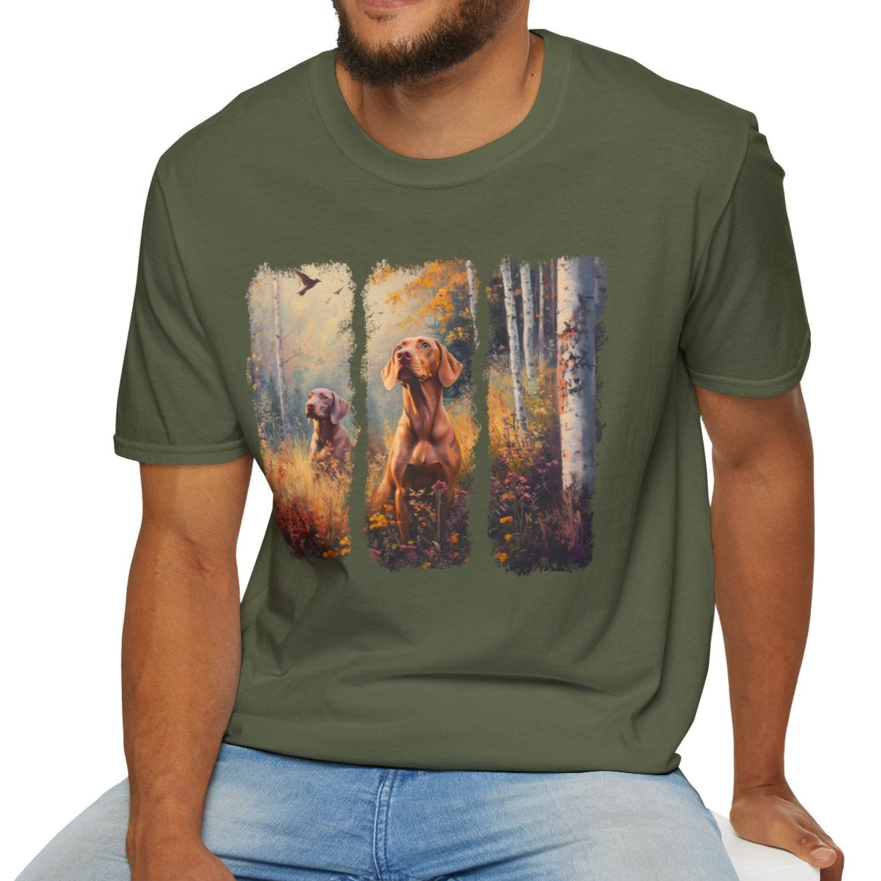A man in a Vizsla hunting t-shirt featuring  sporting dogs in an autumn field