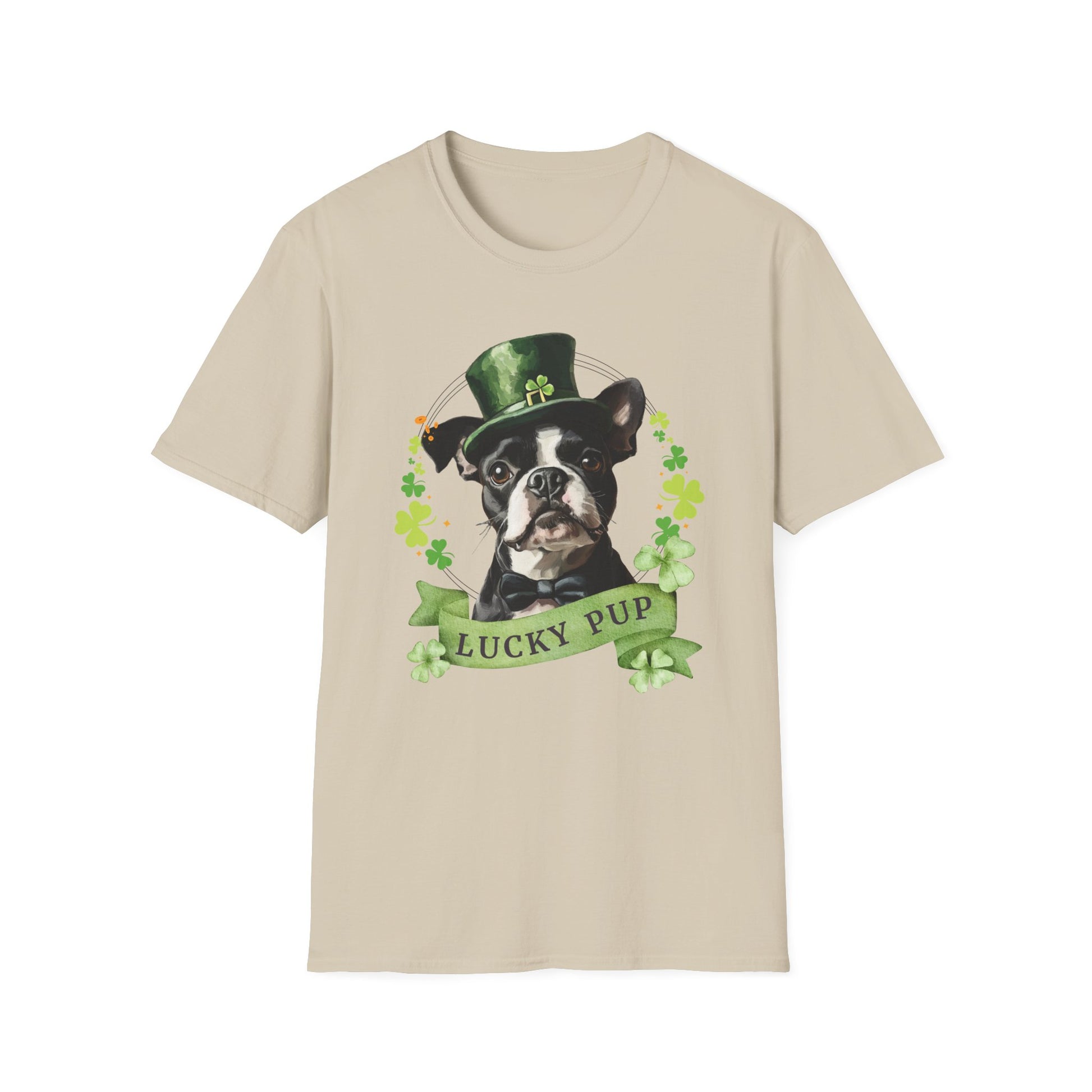 sand  St. Patrick’s Day t-shirt featuring a Boston Terrier with a shamrock garland and festive Irish design