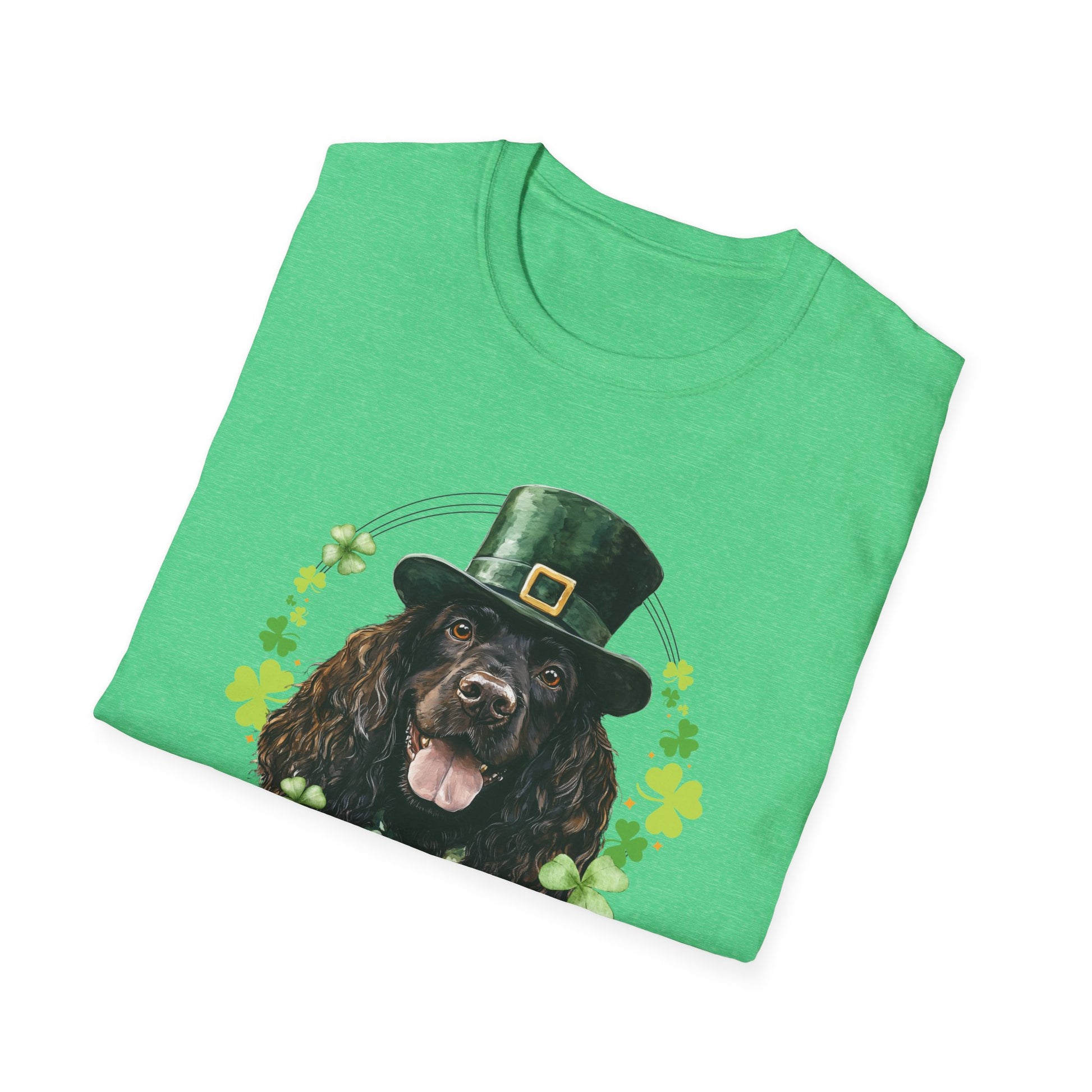 St. Patrick’s Day t-shirt featuring an Irish Water Spaniel with a shamrock garland and festive Irish design Irish Heather green