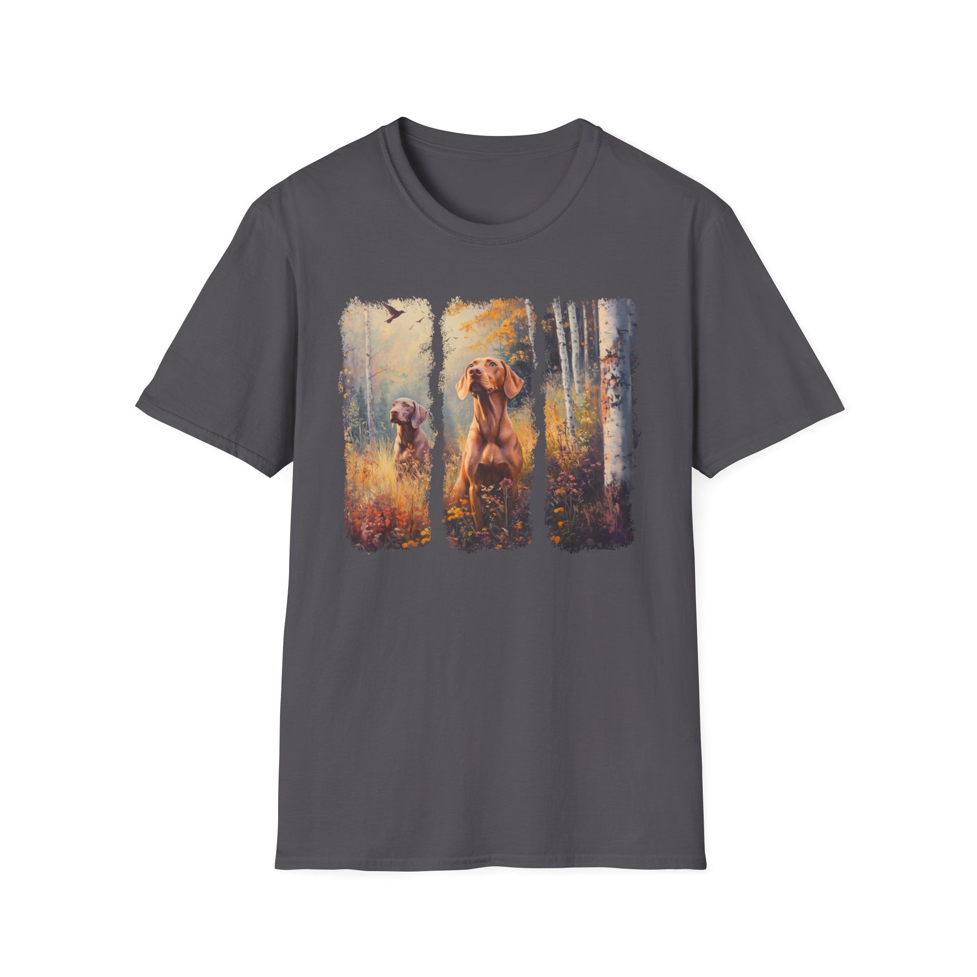 Vizsla hunting t-shirt featuring  sporting dogs in an autumn field, charcoal