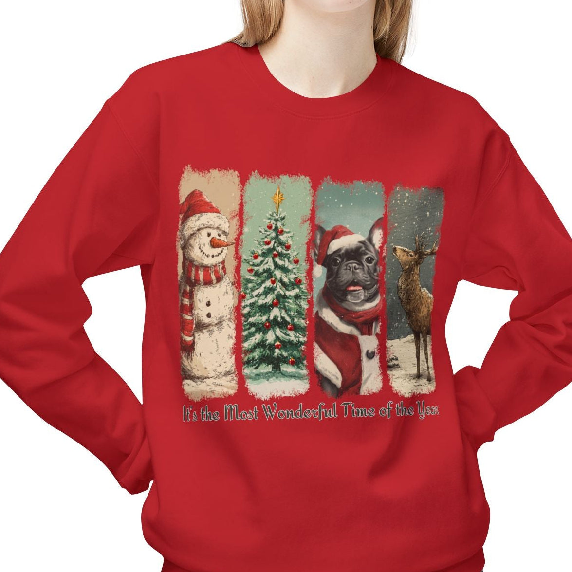 Person wearing a red Christmas-themed sweatshirt with festive graphics on a white background