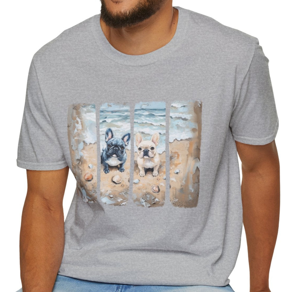 two french bulldogs on the beach art painting t-shirt