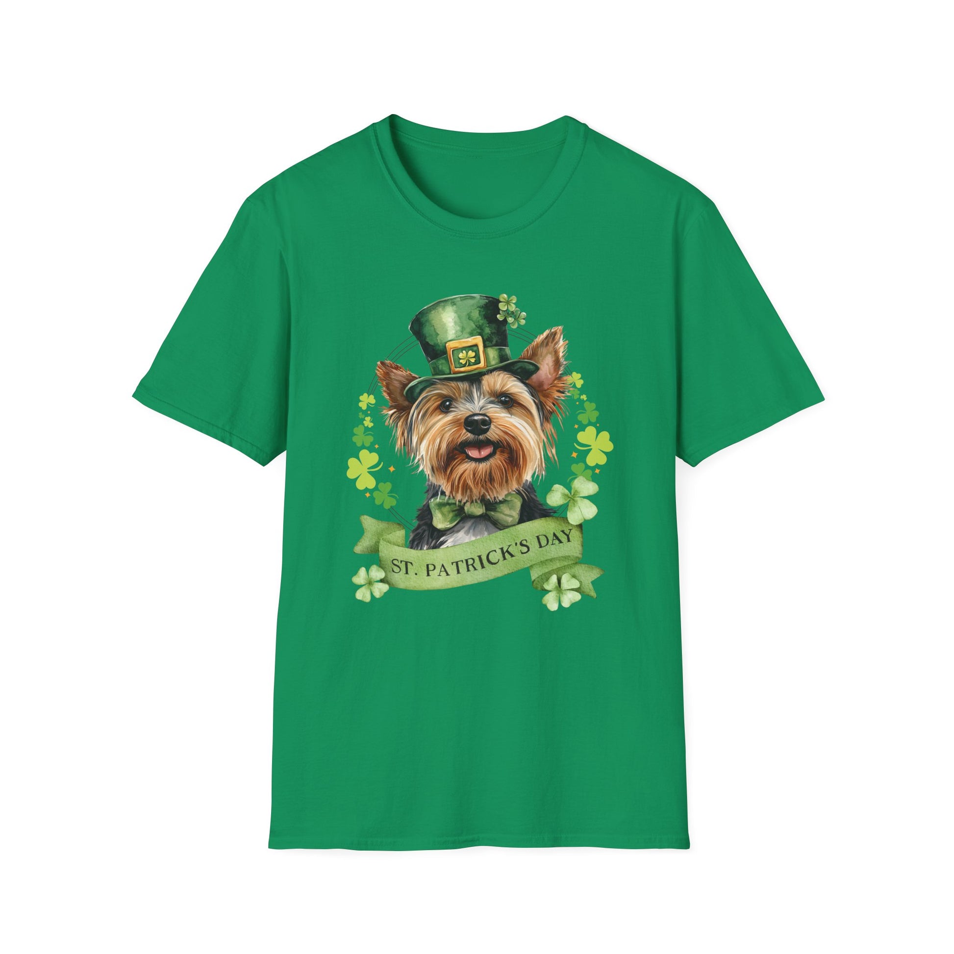 St. Patrick’s Day kelly green t-shirt featuring a yorkshire terrier - yorkie - dog with a shamrock garland and festive Irish design