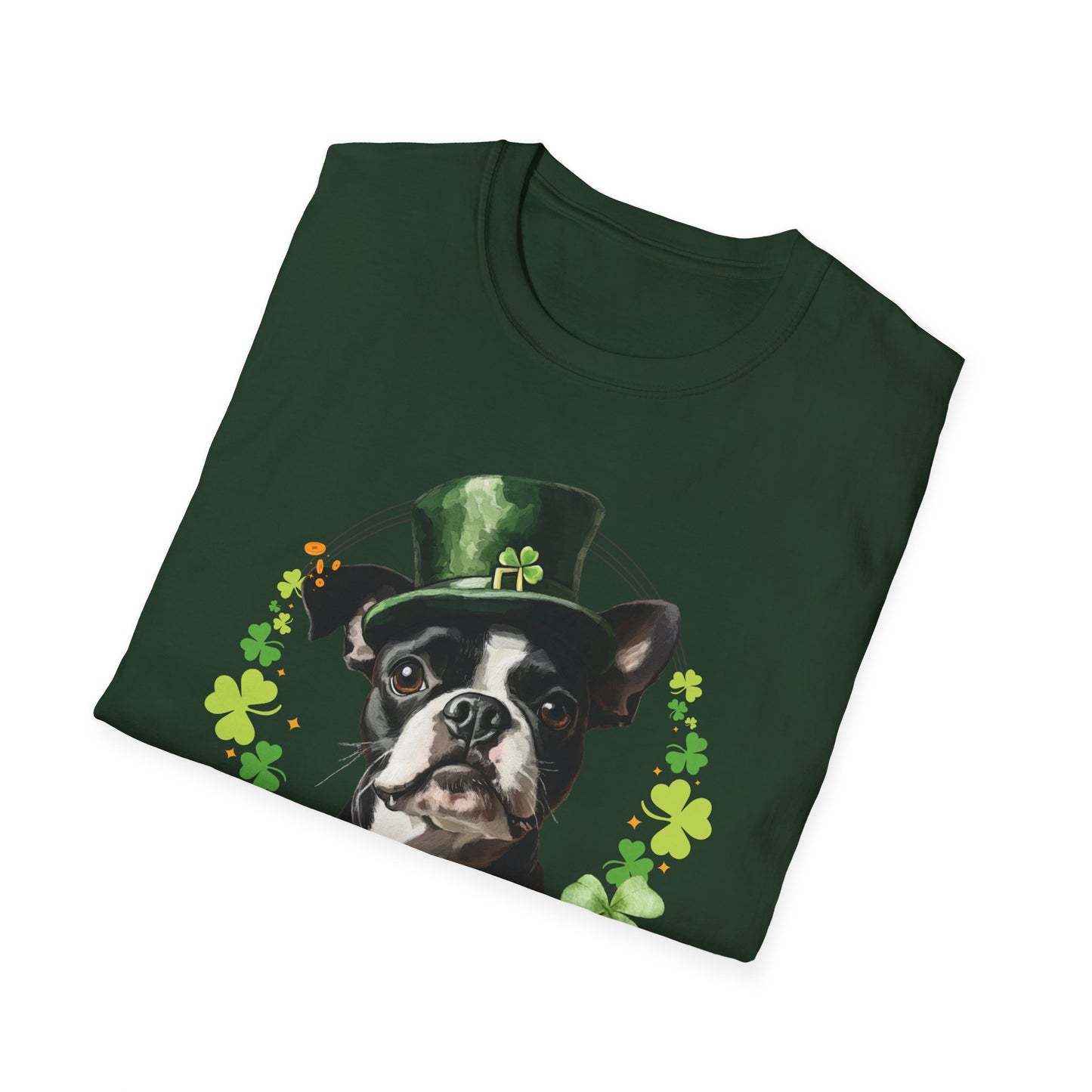 folded St. Patrick’s Day t-shirt featuring a Boston Terrier with a shamrock garland and festive Irish