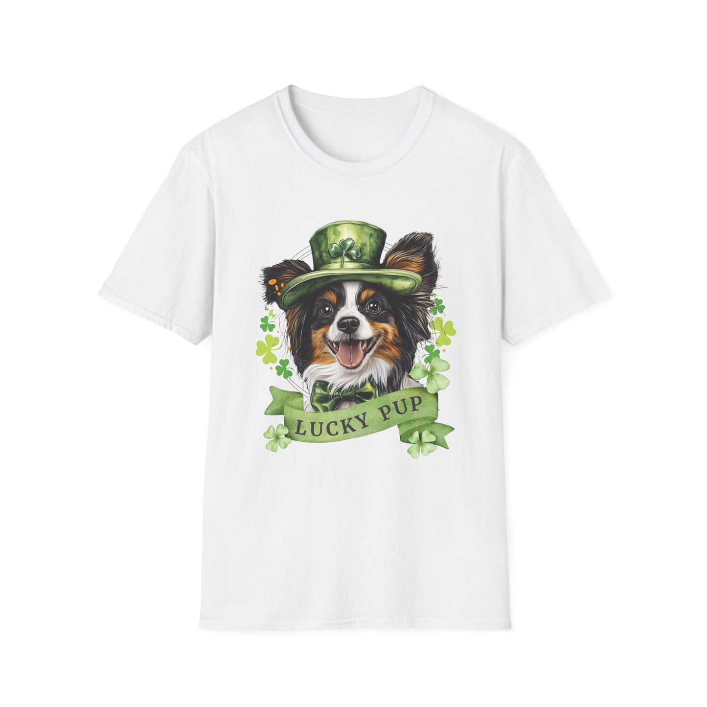 St. Patrick’s Day t-shirt featuring a Papillon dog with a shamrock garland and festive Irish design