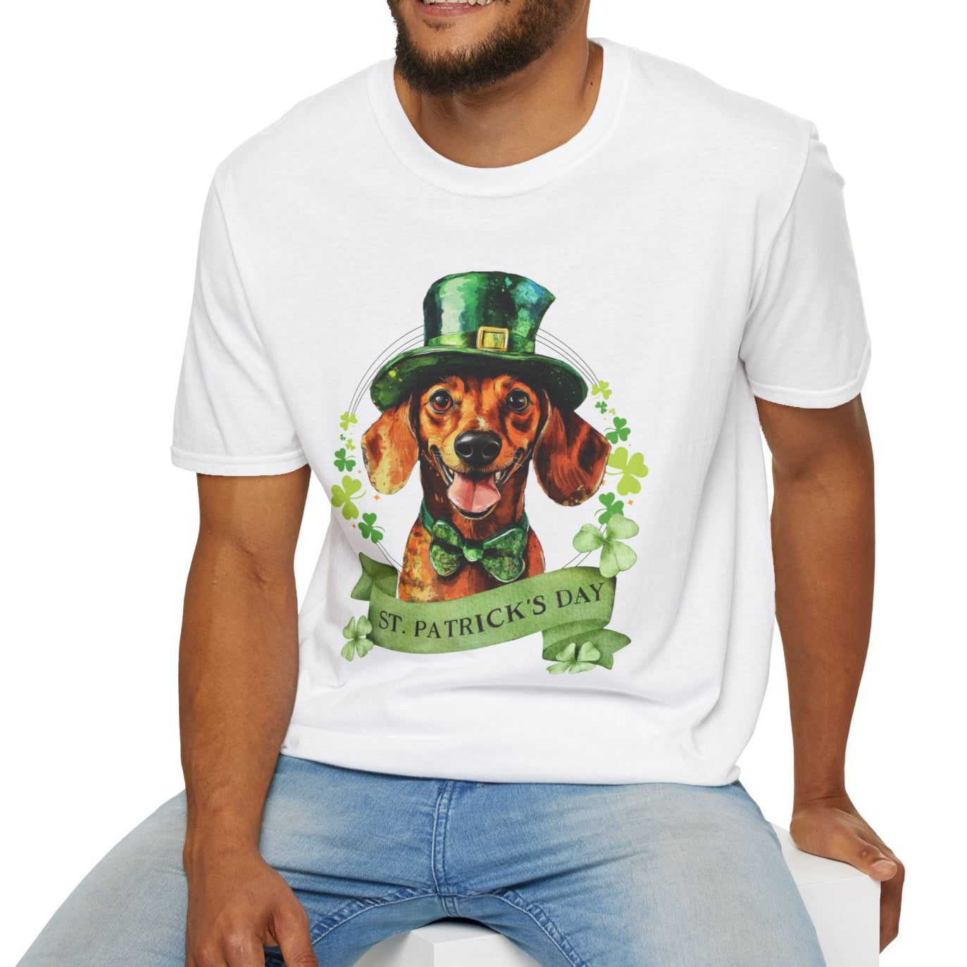 St. Patrick’s Day t-shirt featuring a Dachshund dog with a shamrock garland and festive Irish design