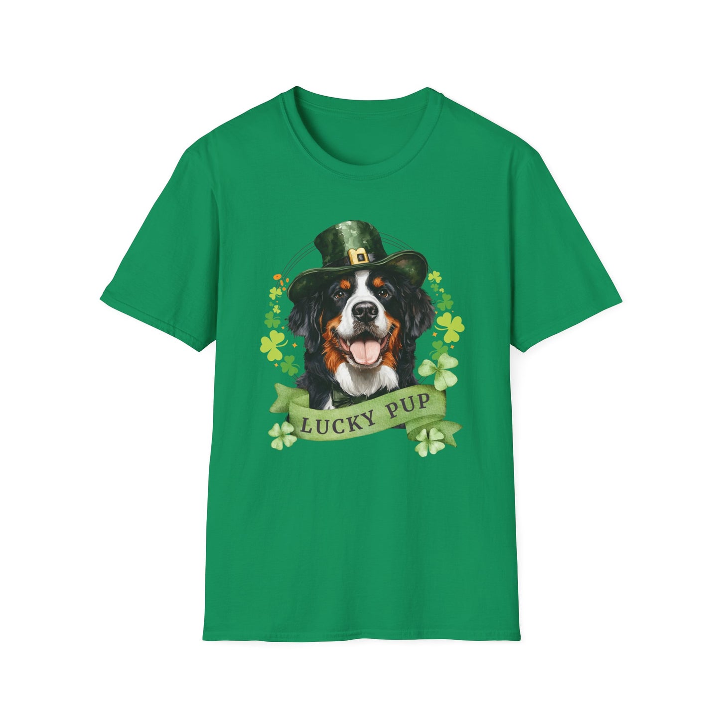 St. Patrick’s Day t-shirt featuring a bernese mountain dog with a shamrock garland and festive Irish design