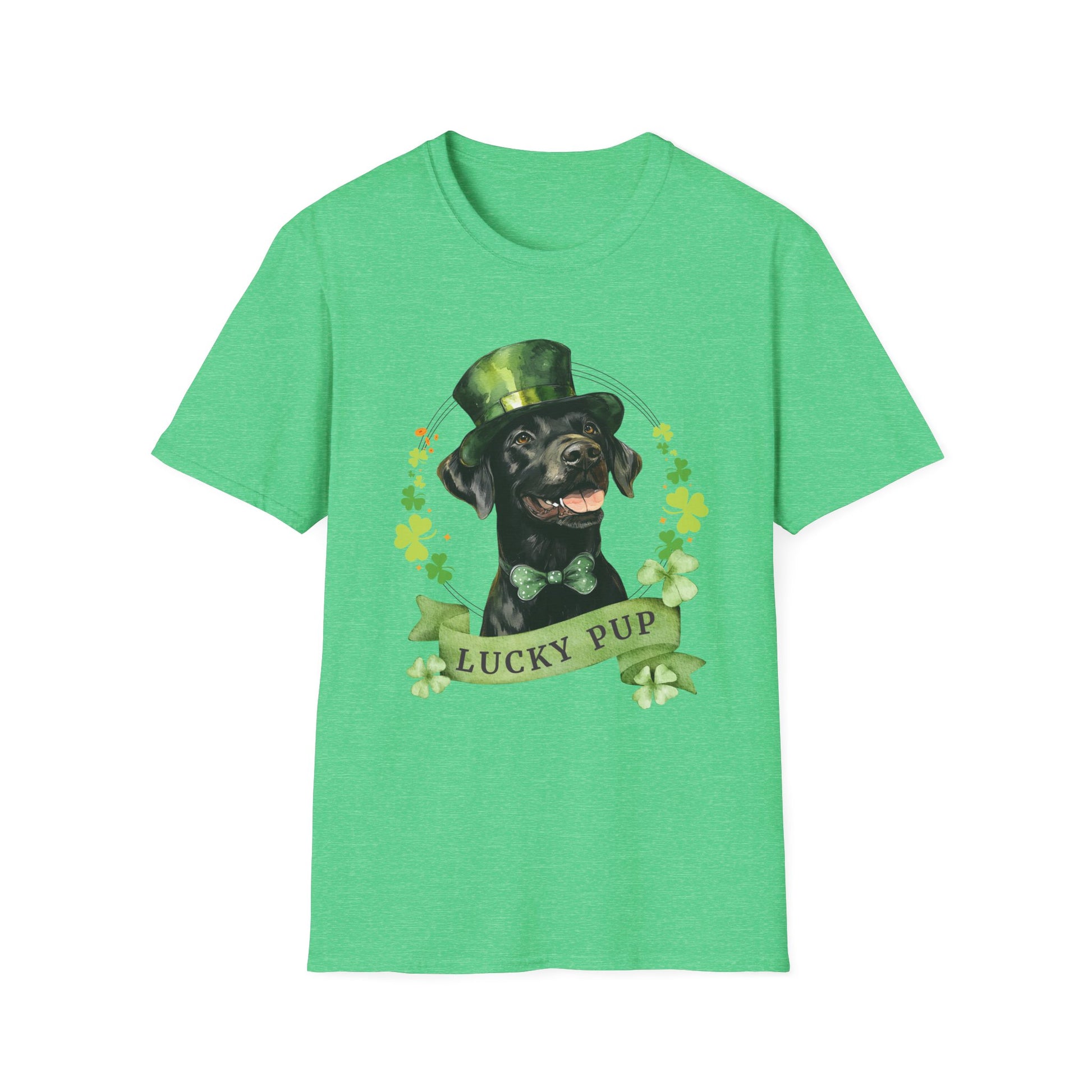 St. Patrick’s Day t-shirt featuring a Black Labrador Retriever dog with a shamrock garland and festive Irish design kelly green heather