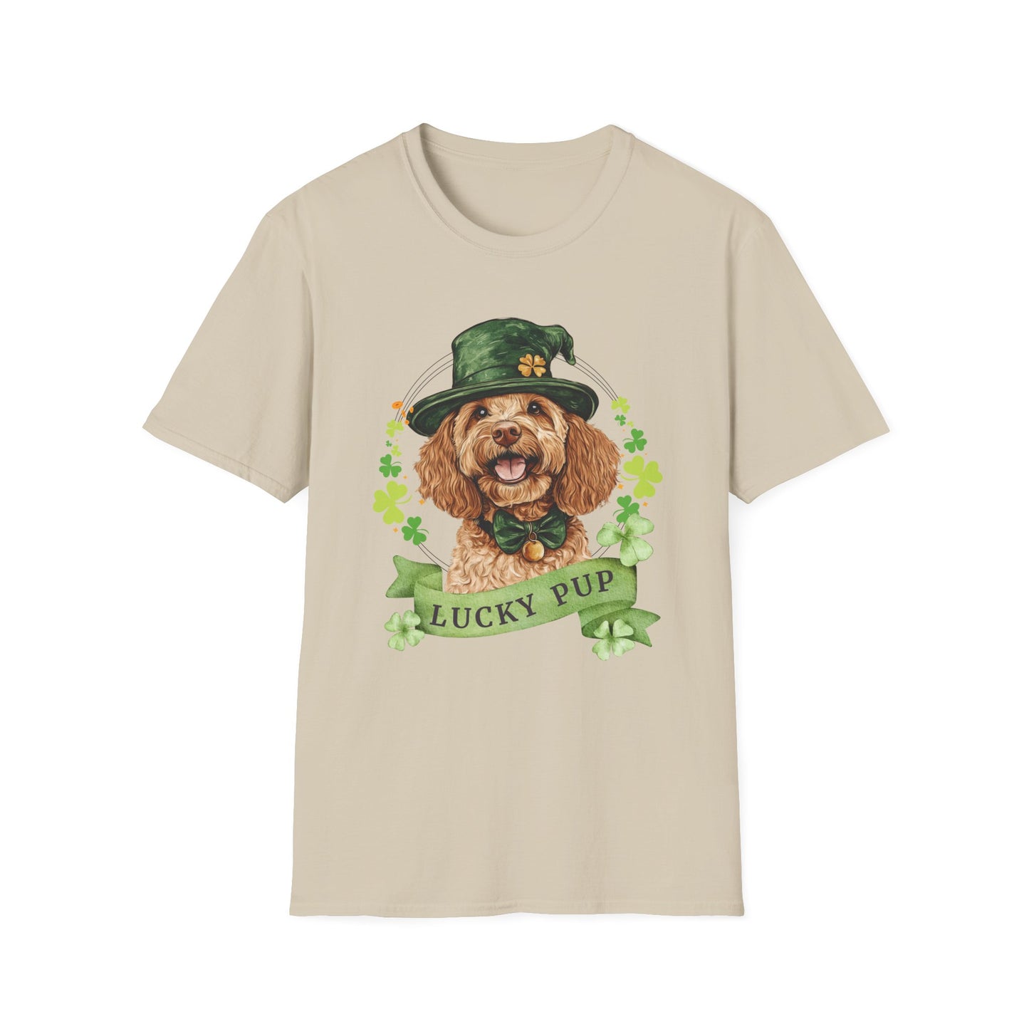 St. Patrick’s Day sand t-shirt featuring a Cockapoo dog with a shamrock garland and festive Irish design