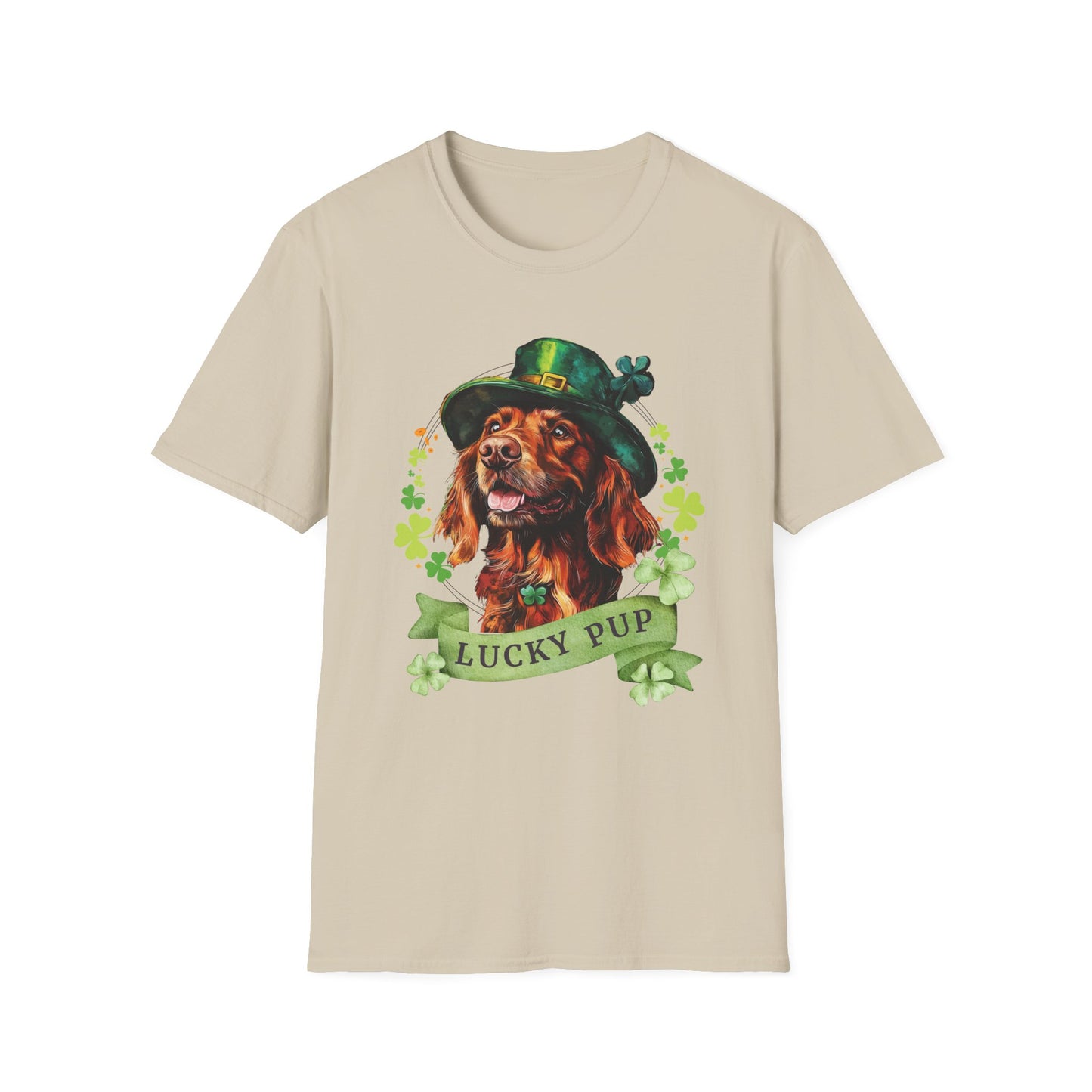 St. Patrick’s Day sand t-shirt featuring an Irish Setter dog with a shamrock garland and festive Irish design