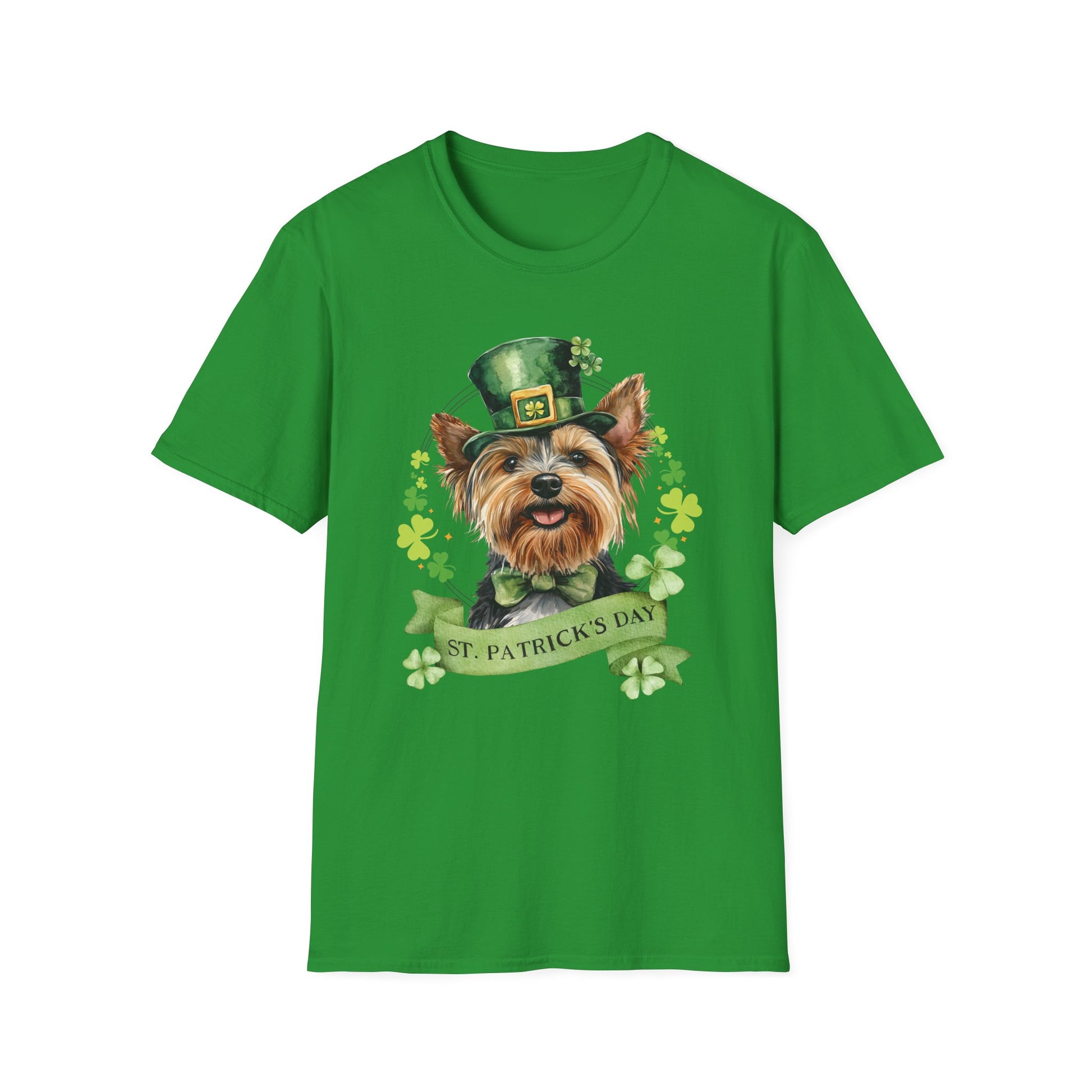 St. Patrick’s Day irish green t-shirt featuring a yorkie dog with a shamrock garland and festive Irish design