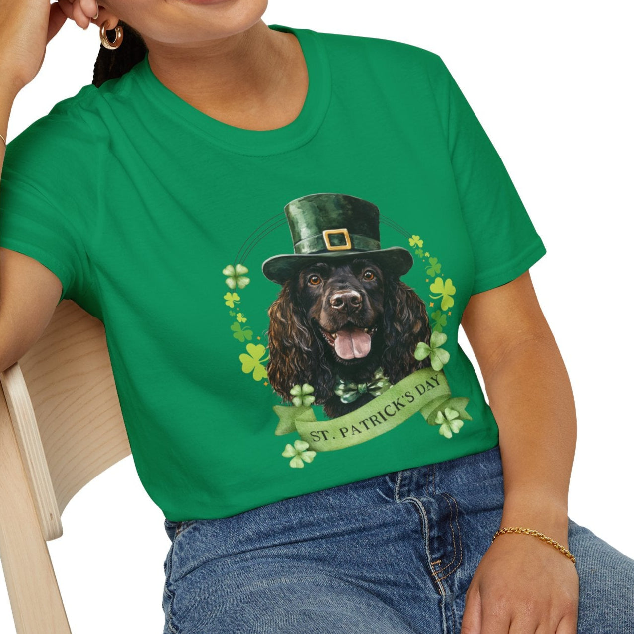 St. Patrick’s Day t-shirt featuring an Irish Water Spaniel with a shamrock garland and festive Irish design