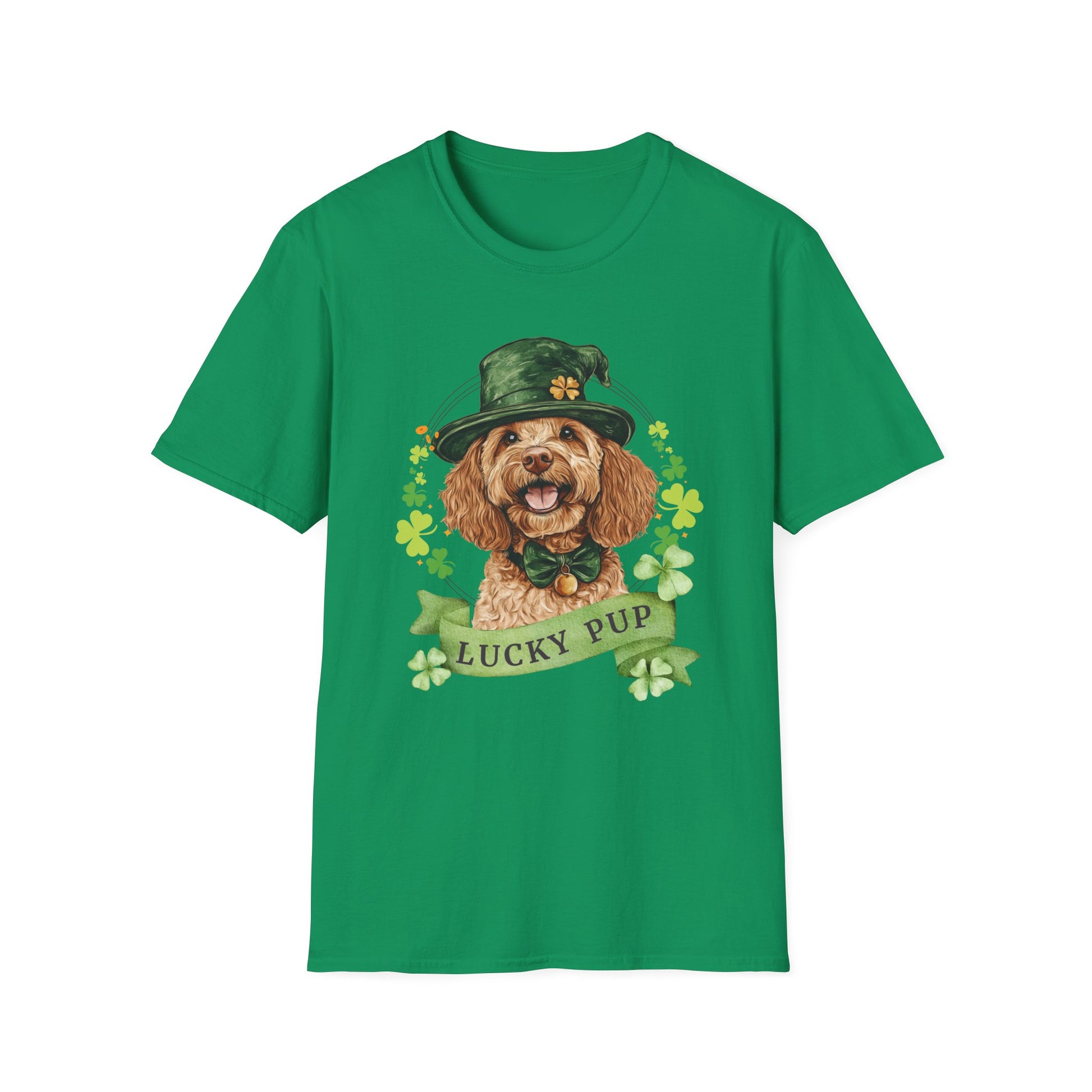 St. Patrick’s Day t-shirt featuring a Cockapoo dog with a shamrock garland and festive Irish design