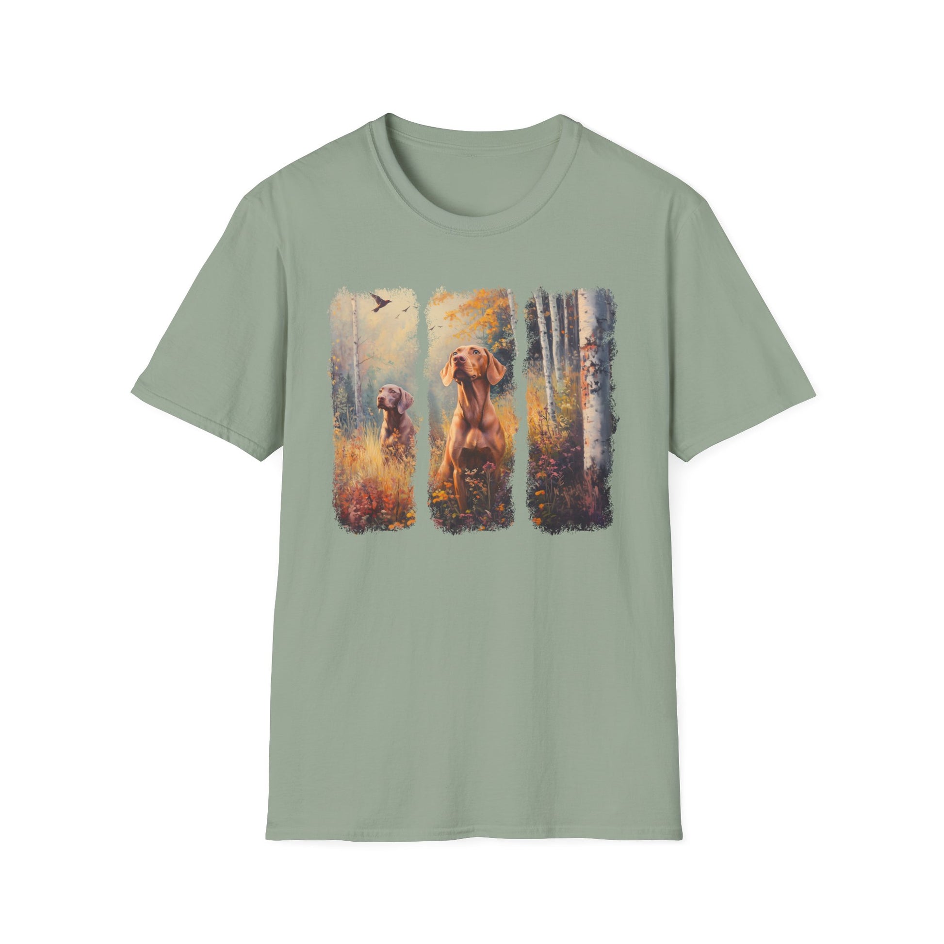 Vizsla hunting t-shirt featuring  sporting dogs in an autumn field, sage