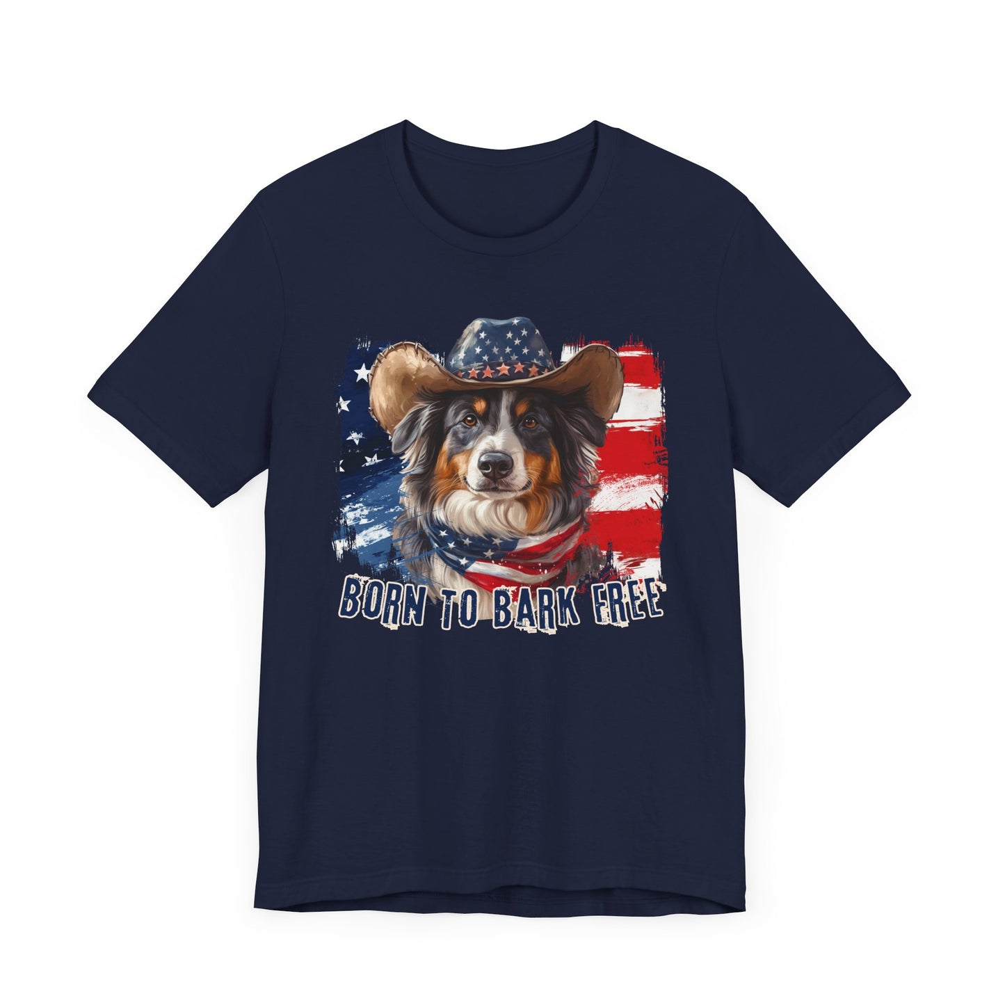 Australian Shepherd Patriotic T-Shirt "Born to Bark Free" - Dog-Themed Patriotic Design